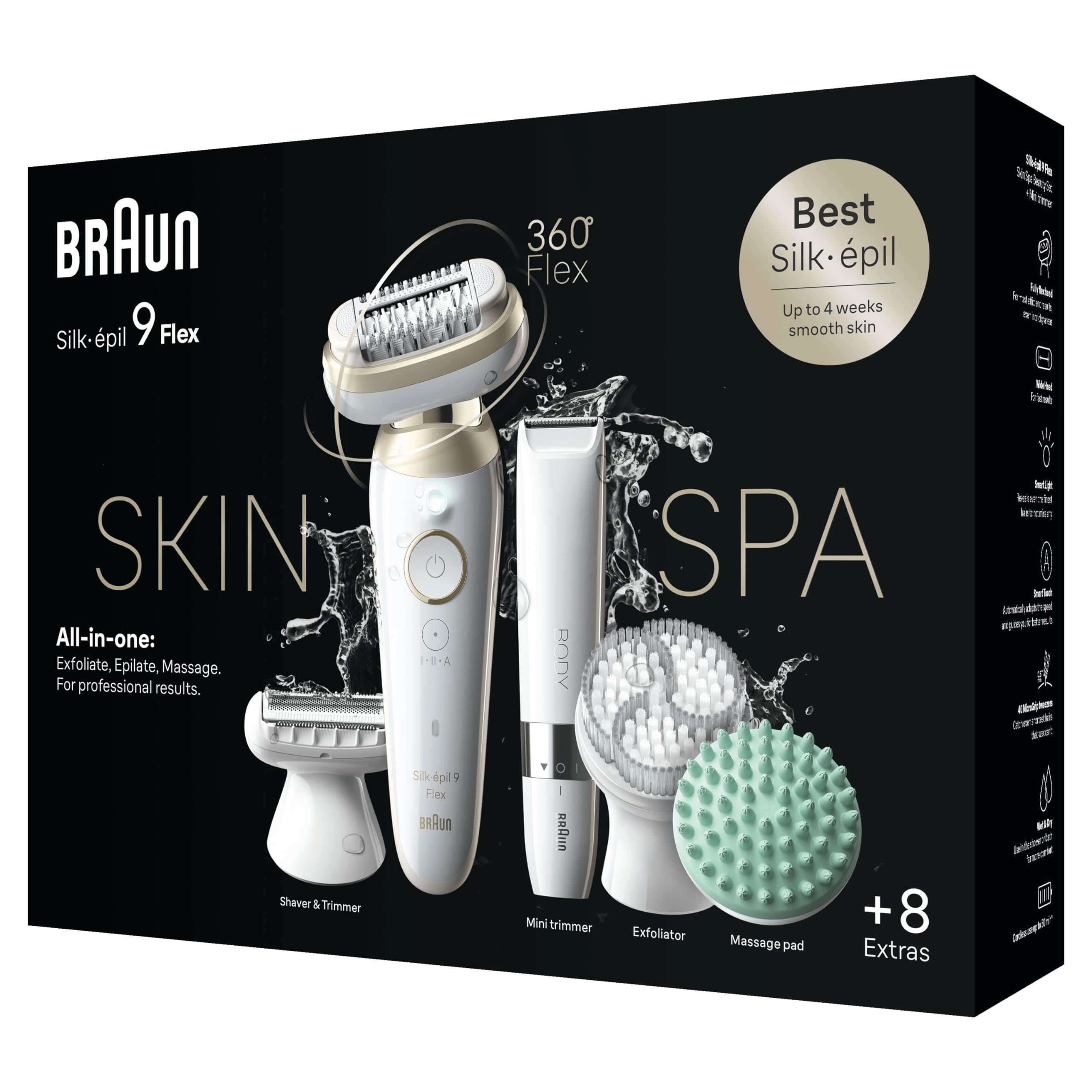 Braun Silk-Épil 9 Flex Skinspa Epilatore Elettrico Donna con Testina Flessibile a 360° per Una Epilazione Semplice, Wet & Dry, Pelle Liscia a Lungo, Idea Regalo, 9-481 3d Bianco/oro
