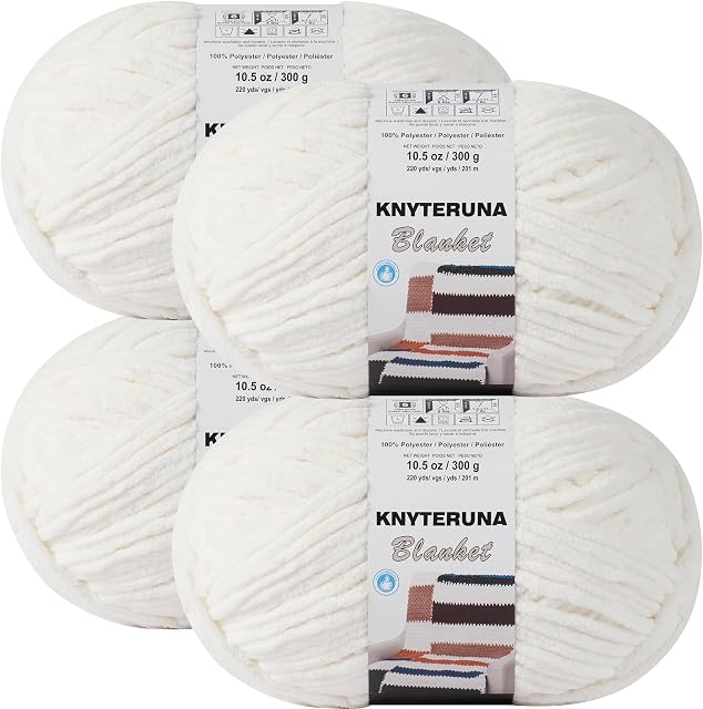 #6 Fil de couverture super en vrac pour le crochet - 4 Échevins (chaque 10,5 oz/300 g, 220yds/201m), Chunky Chenille Thick Plush Big Soft Fil pour crocheter des Blankets de tricot, Crème