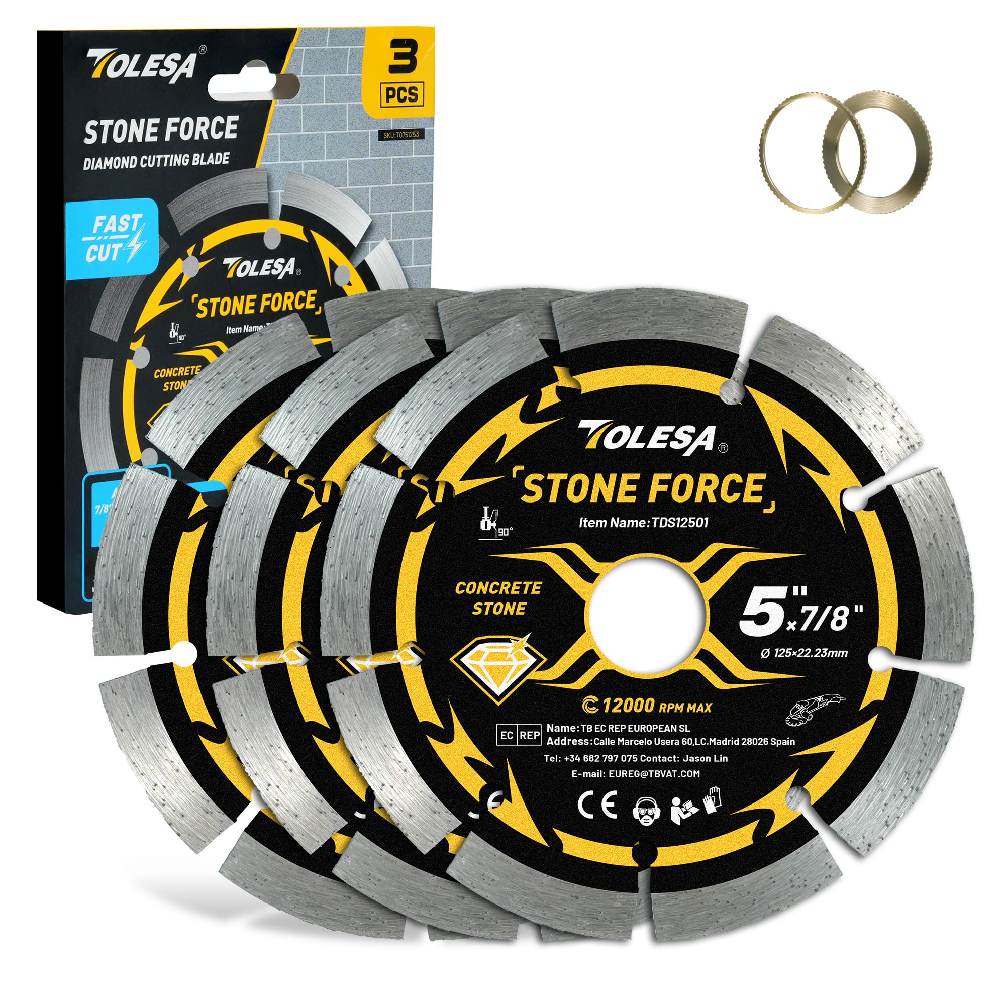 TOLESA 125mm Diamond Cutting Disc, Segmented Diamond Blade for Angle Grinder with 22.23mm Arbor, 20mm & 16mm Adapter Ring, 4.9" Stone Cutting Disc Fast Cut Masonry, Concrete, Brick (3-Pack)