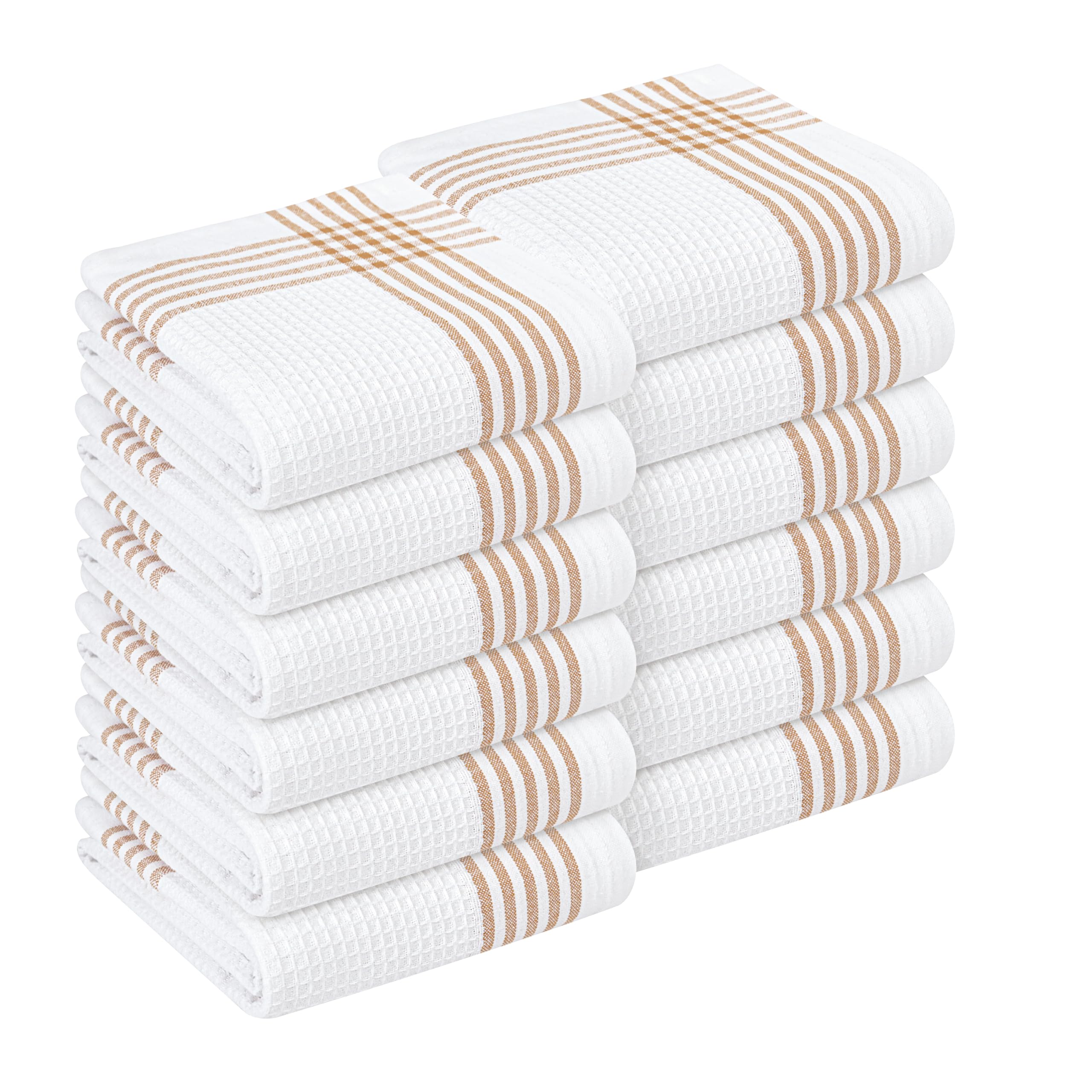 Waffle White &amp; Brown 12 Pack Kitchen Towels Set, 100% Cotton, 16x26 inches, Professional Quality Cleaning Towel for Bar, Home, Restaurant Use, Absorbent Dish Cloths for Drying Dishes