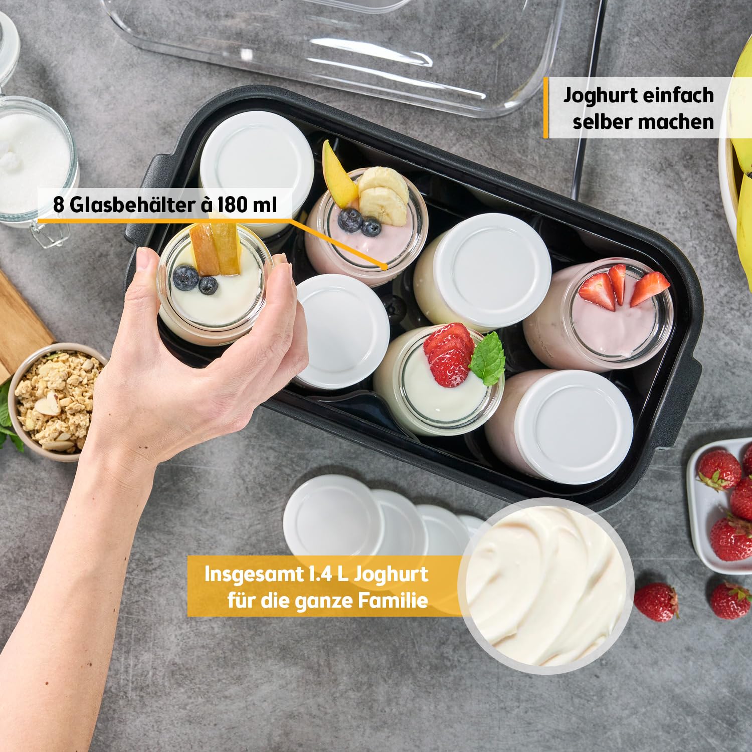 TZS First Austria - Joghurtbereiter 25W inkl. 8 Glasbehälter à 180 ml für bis 1,4L selbstgemachten Joghurt - Yogurt Maker mit Temperatur 20-55°C, Abschaltautomatik & LCD-Display - Joghurtmaschine weiß