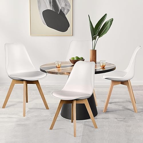 Paquete de 4 sillas de comedor, tapizadas de piel sintética con soporte de patas de madera, asiento de cocina moderno de mediados de siglo,