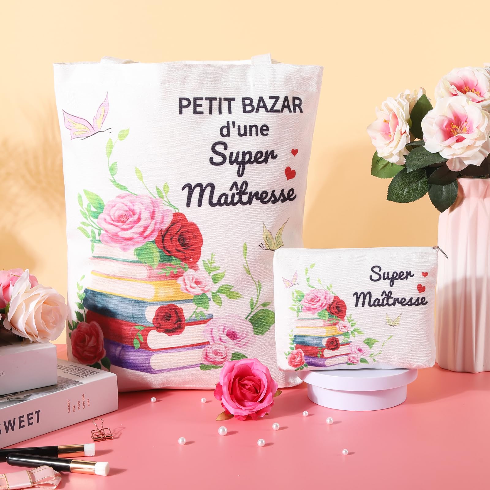 Cadeau Maîtresse d'École Fin d'Année avec Tote Bag Sac de Papeterie Boîte Cadeau Personnalisé