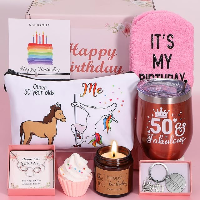 BaiCai 50th Birthday Gifts , Funny 50th Birthday Hampers For Her Happy 50th Birthday Pamper Gifts Basket , Female 50th Birthday Presents Gifts Ideas Best Friend, Sister, Wife, Mum, Pack of 9