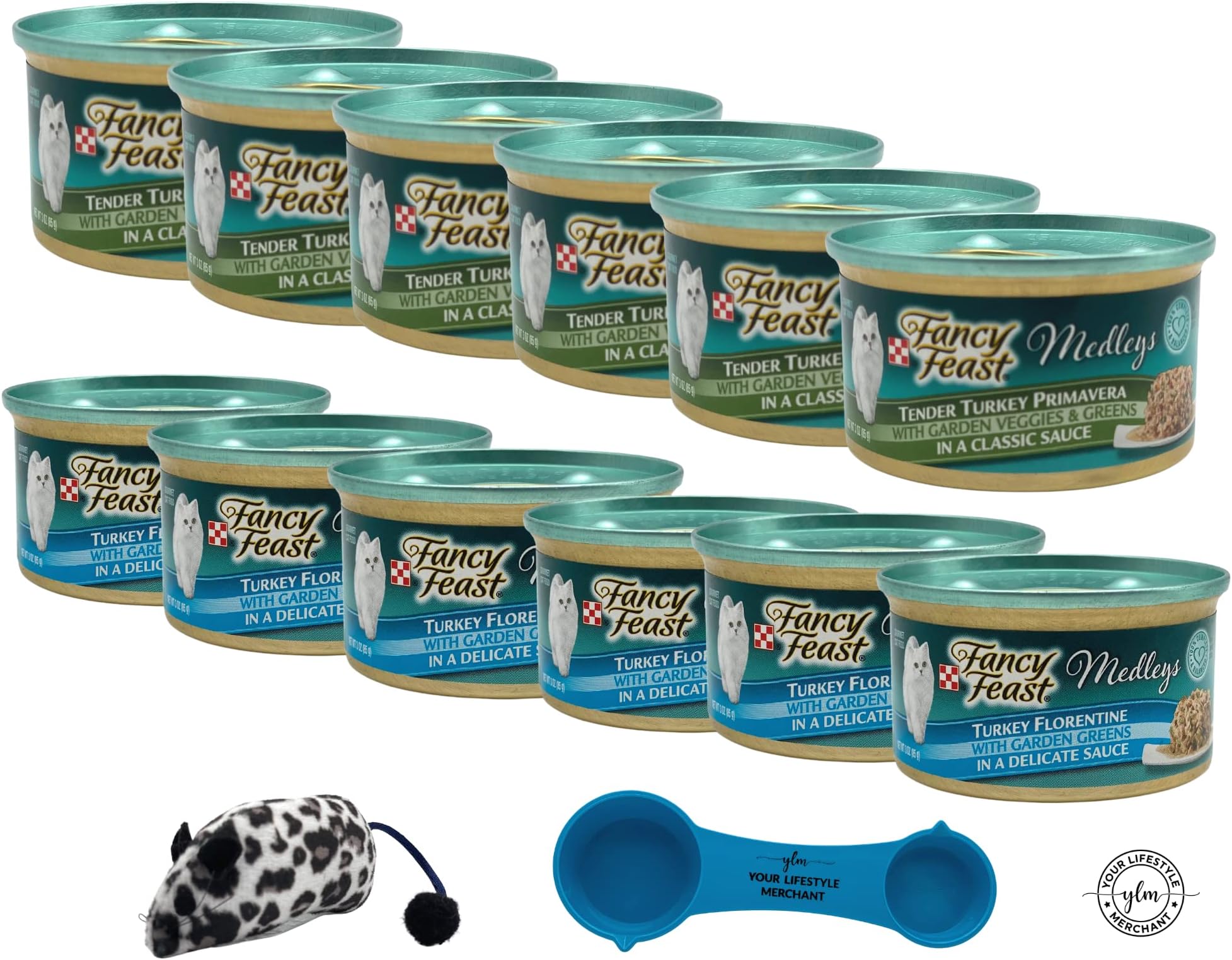 Turkey Florentine & Primavera Wet Cat Food Variety Pack with YLM Measuring Spoon & Catnip Mouse 6 Cans of Each Recipe 12-3oz Cans