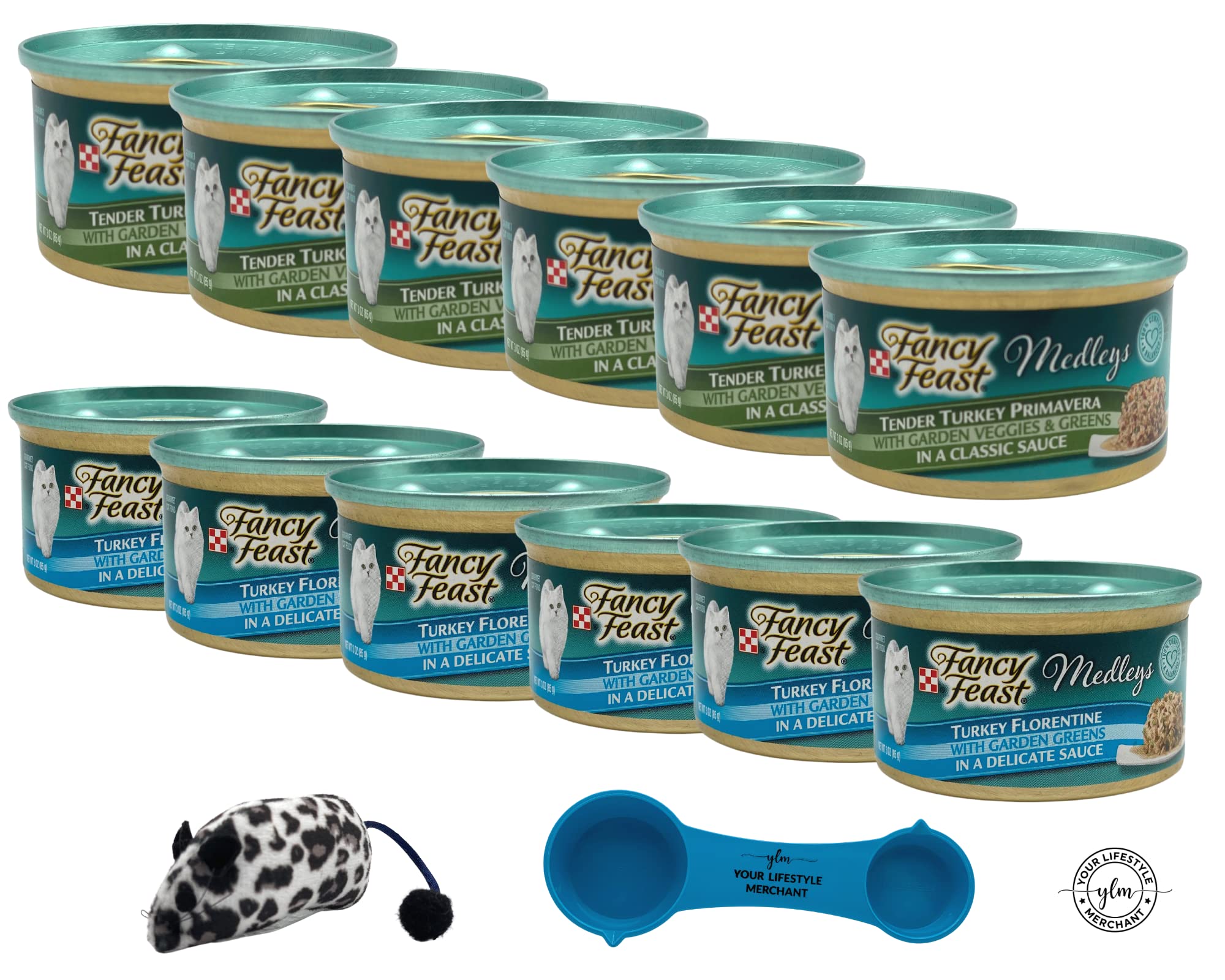 Turkey Florentine & Primavera Wet Cat Food Variety Pack with YLM Measuring Spoon & Catnip Mouse 6 Cans of Each Recipe 12-3oz Cans