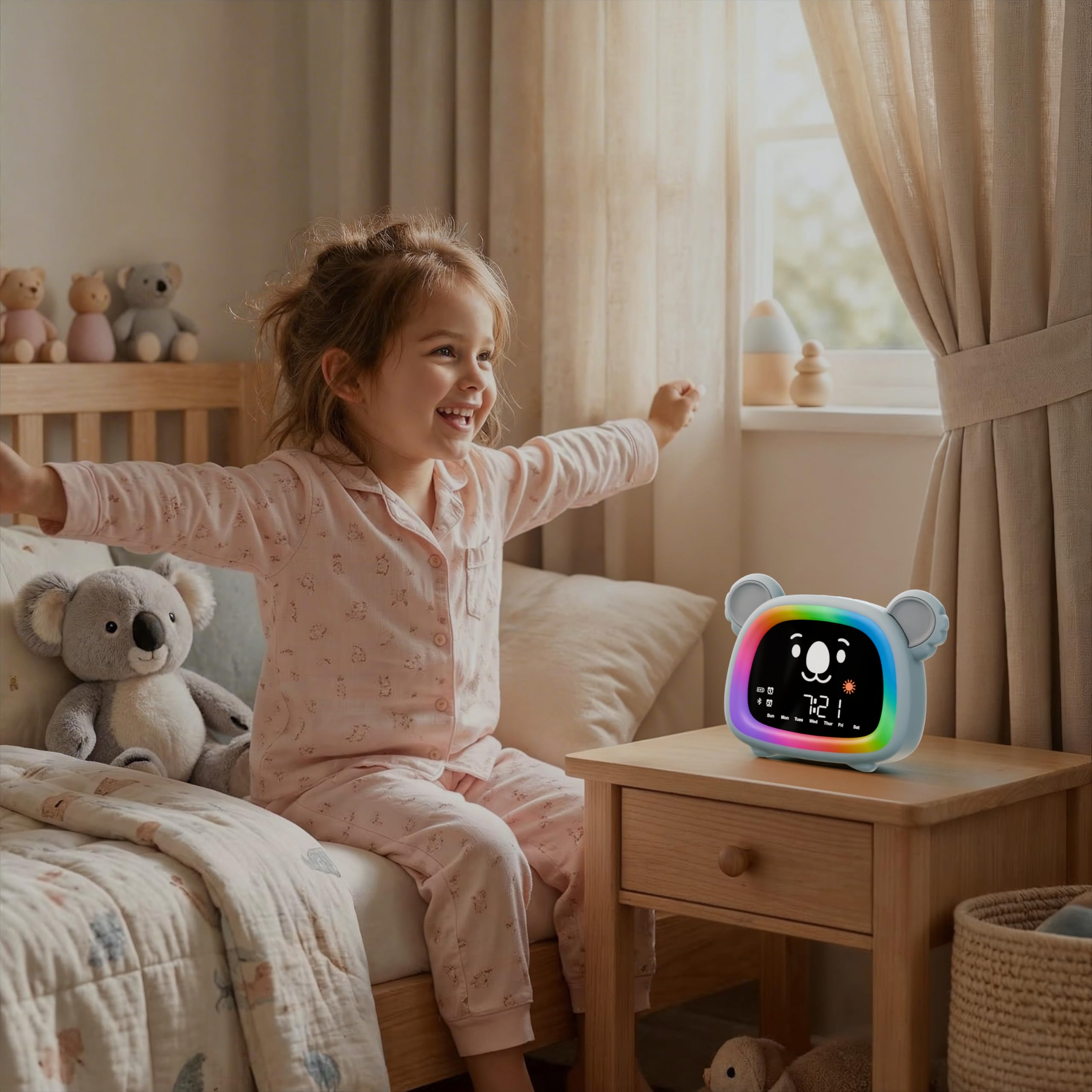 OCTAV - Despertador infantil educativo día/noche, luz nocturna, Bluetooth, aplicación | Musical & Sonido Natural – Luz nocturna LED recargable – Aplicación móvil – Aprendizaje del sueño con sol/luna