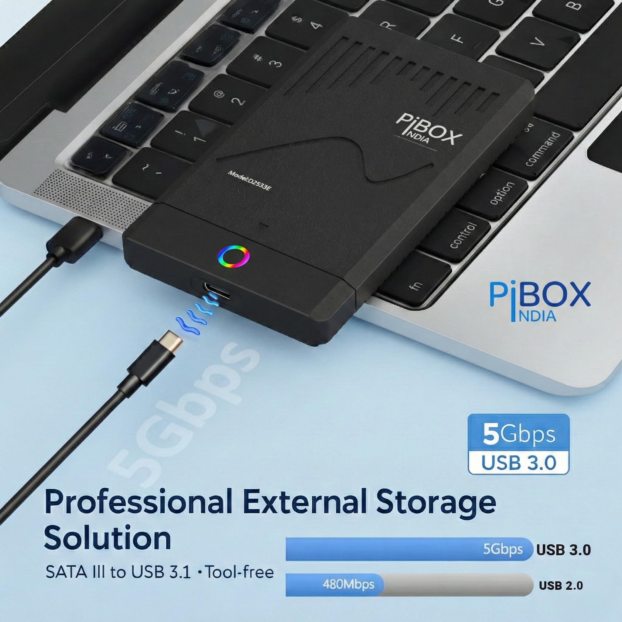 PiBOX 2.5 inch Hard Drive Enclosure RGB LED Type C with OTG Adapter - Retro Casette, PiBOX India 6Gbps USB 3.1 to SATA III Tool-Free External Hard Drive Enclosure for 7mm/9.5mm SSD Laptop HDD UASP — Amazon image 4