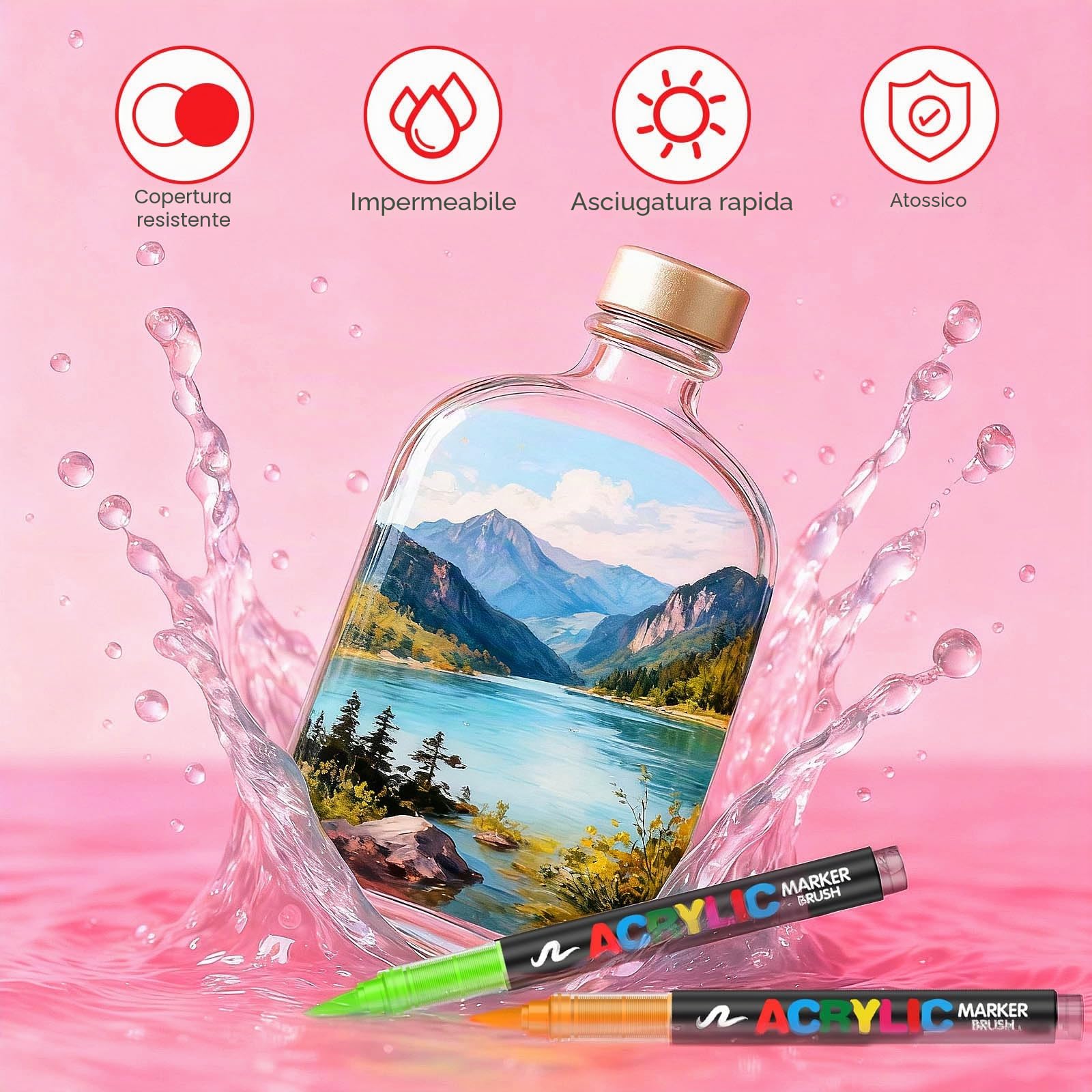 Pennarelli Acrilici 240 Colori Acrylic Marker Brush Pen per Dipingere Sassi, Tessuti, Metallo, Vetro, Legno, Tela, Ceramica, Plastica, Atossici e Inodori