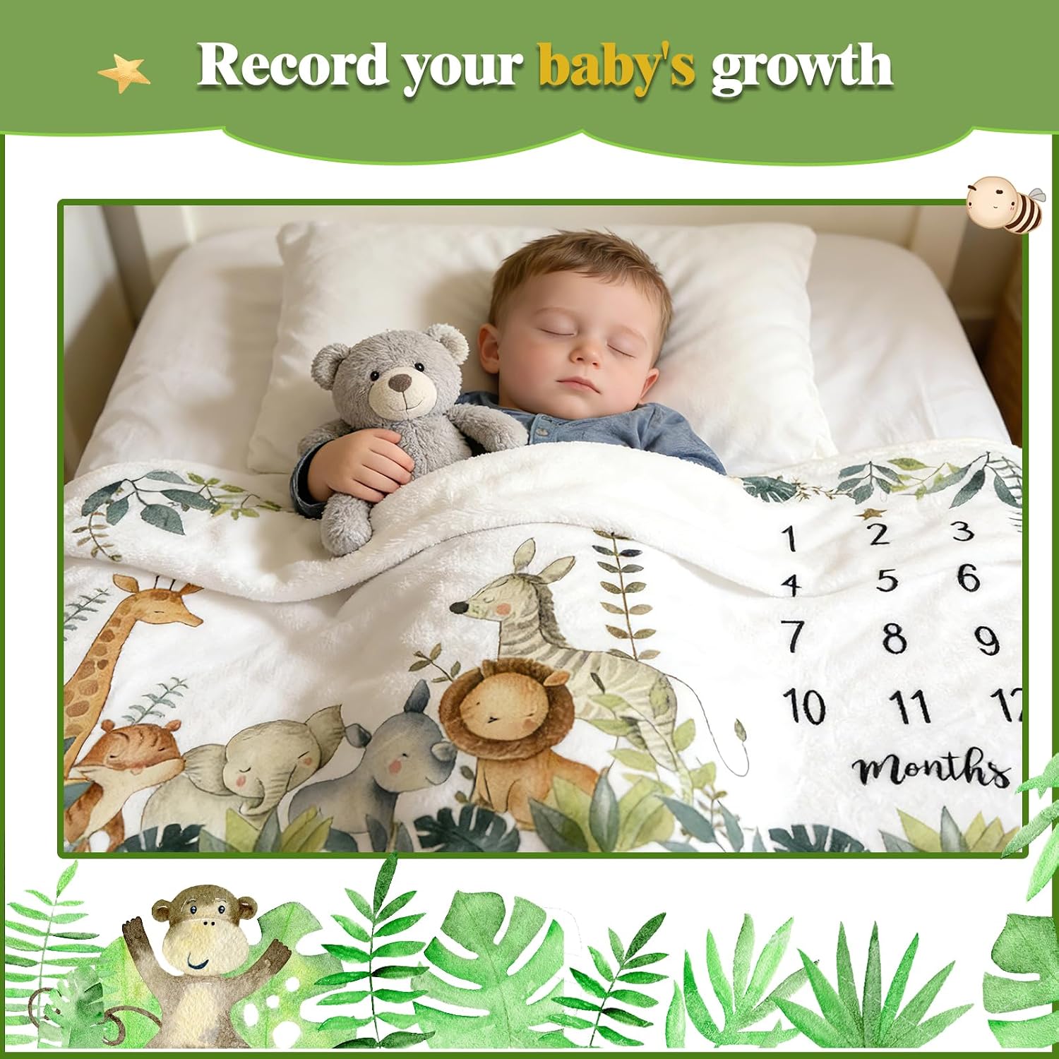 Baby Monthly Milestone Blanket 60"x40" Soft Flannel, 1-12 Months Growth Chart with Photo Banners & Milestone Cards, Newborn Photography Backdrop Baby Keepsake Photo Prop for Baby Boy