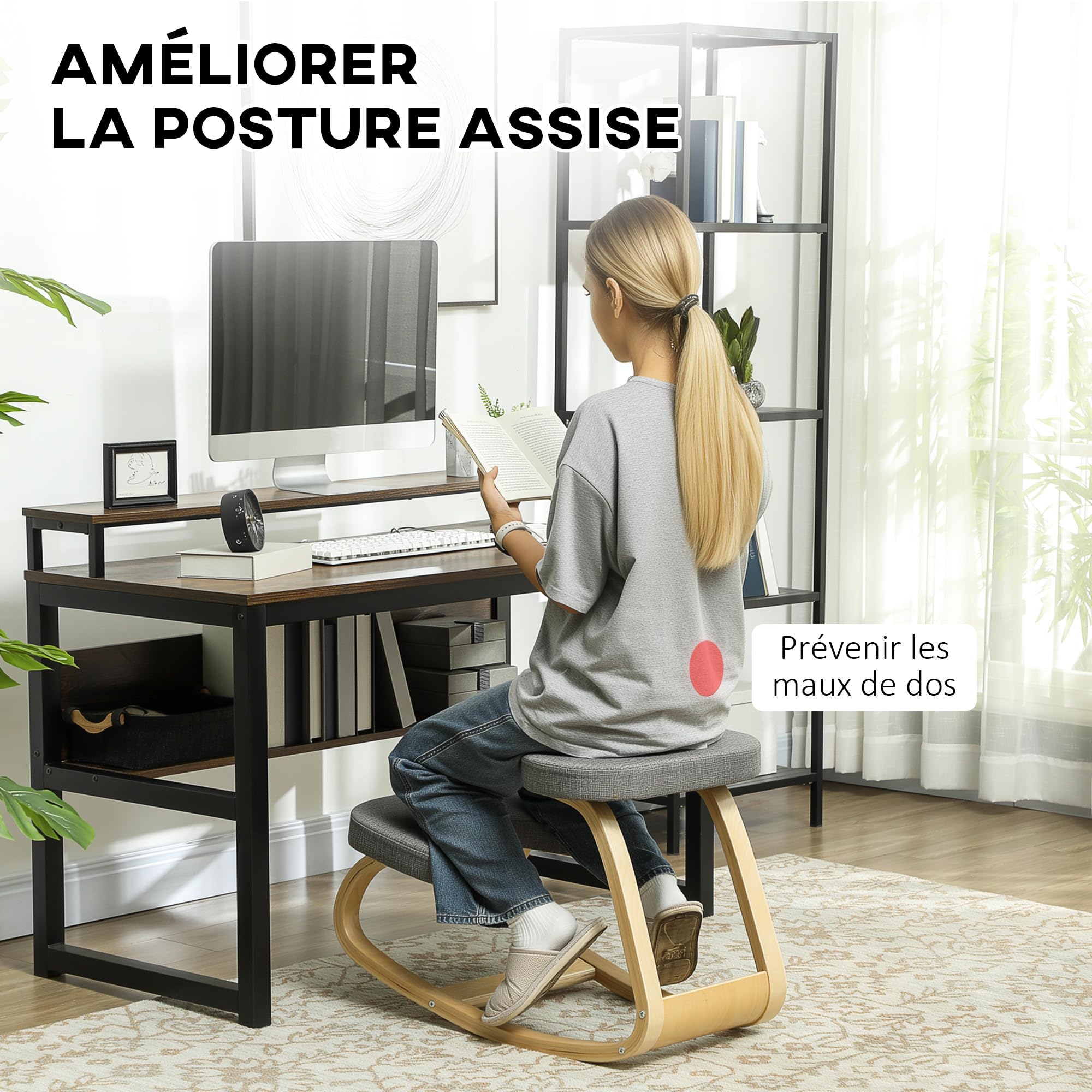HOMCOM Siège Assis Genoux, siège Ergonomique en Bois à Bascule, Chaise à Genoux pour Bureau à Domicile, améliorer la Posture, maux de Dos, Gris