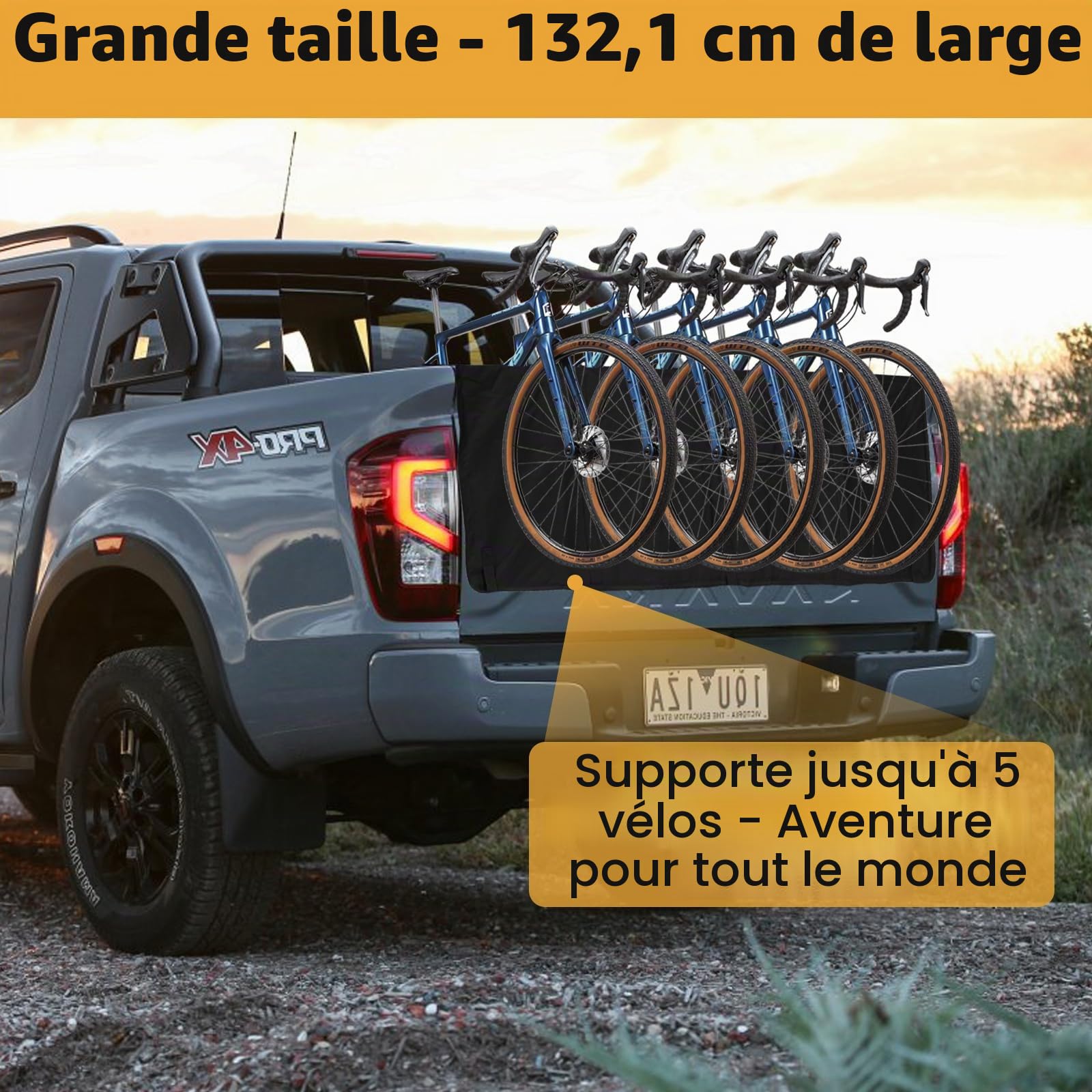 aleawol Tapis de protection pour hayon de 132,1 cm de large, tapis de protection pour hayon de pick-up peut contenir jusqu'à 5 vélos, tapis de vélo de camion avec 2 paquets d'outils, housse de hayon