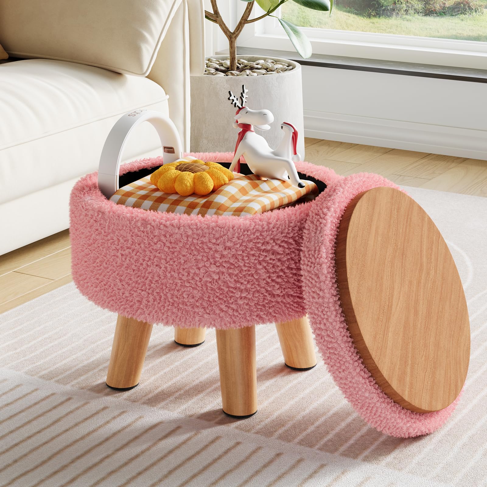 Pink Storage Ottoman Foot Rest, Small Sherpa Ottoman with Storage, Cute  Round Foot Stool, Modern Pouf Ottomans Coffee Table, Boucle Teddy Footstools - Main Image