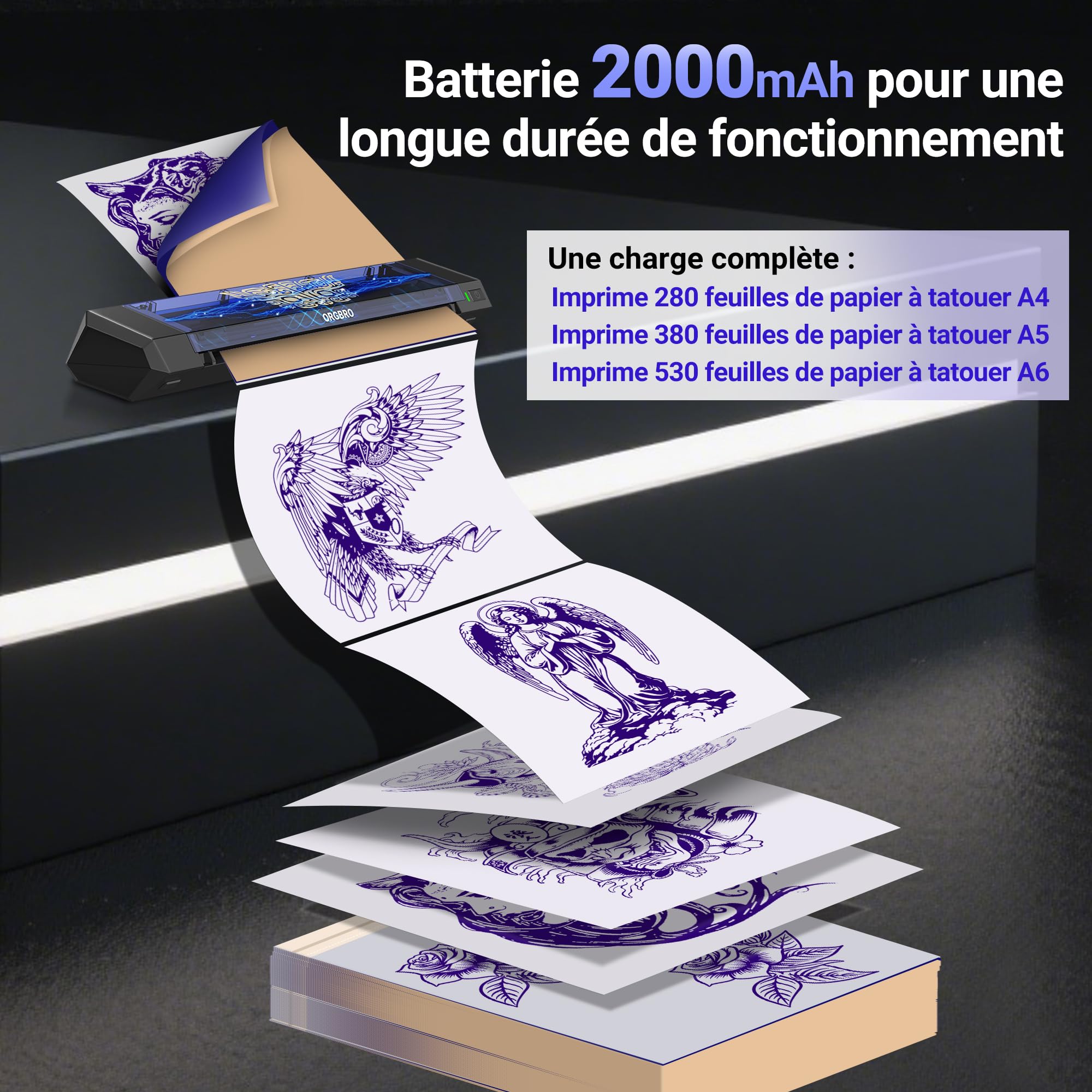 ORGBRO X8 Imprimante Stencil Tatouage Transfert Thermique Bluetooth 30 Feuilles Papier