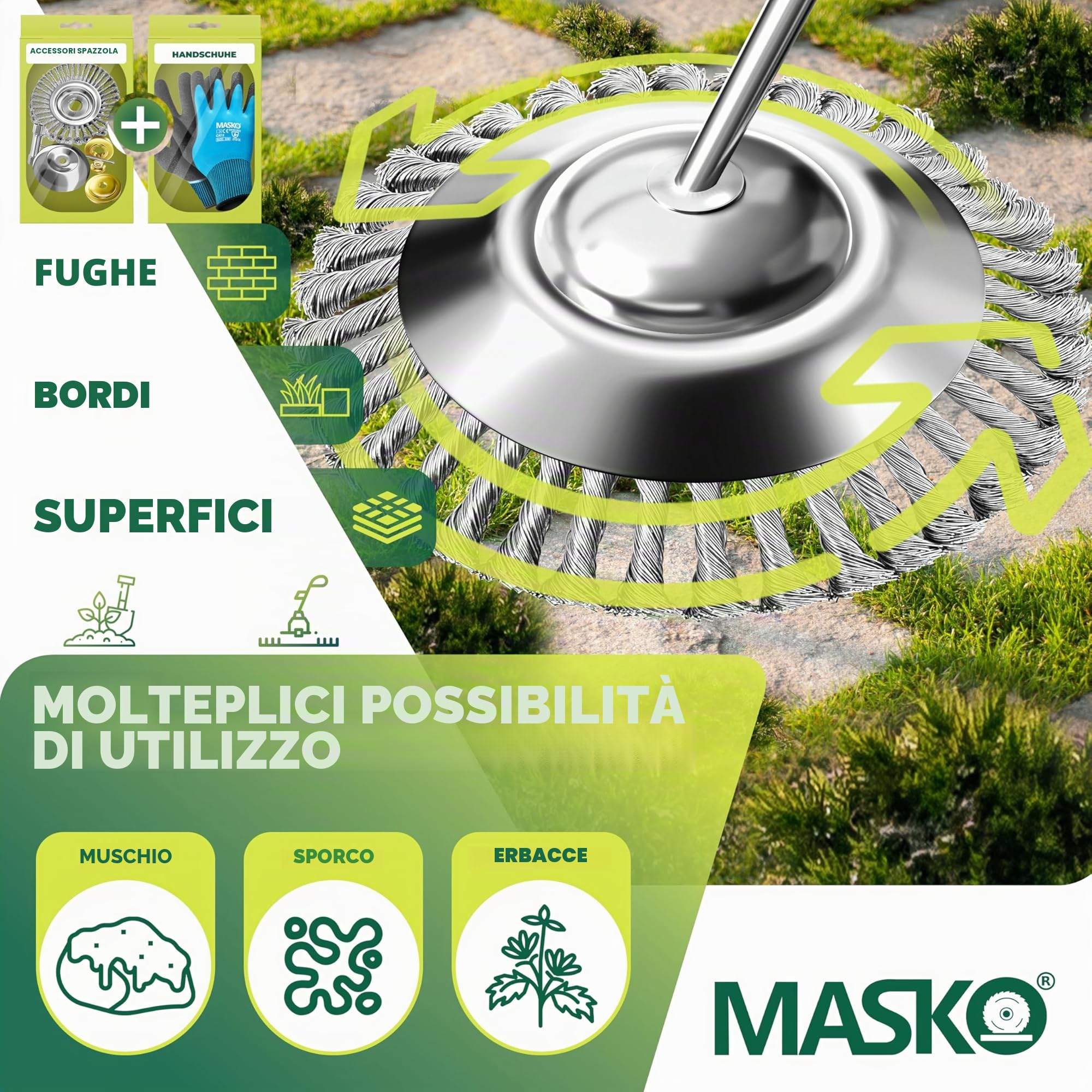 MASKO® Spazzola per erbacce per decespugliatore e decespugliatore | Spazzola per erbacce 25,4 & 20 mm foro | Spazzola metallica per la rimozione efficace delle erbacce compatibile con Stihl | Spazzola