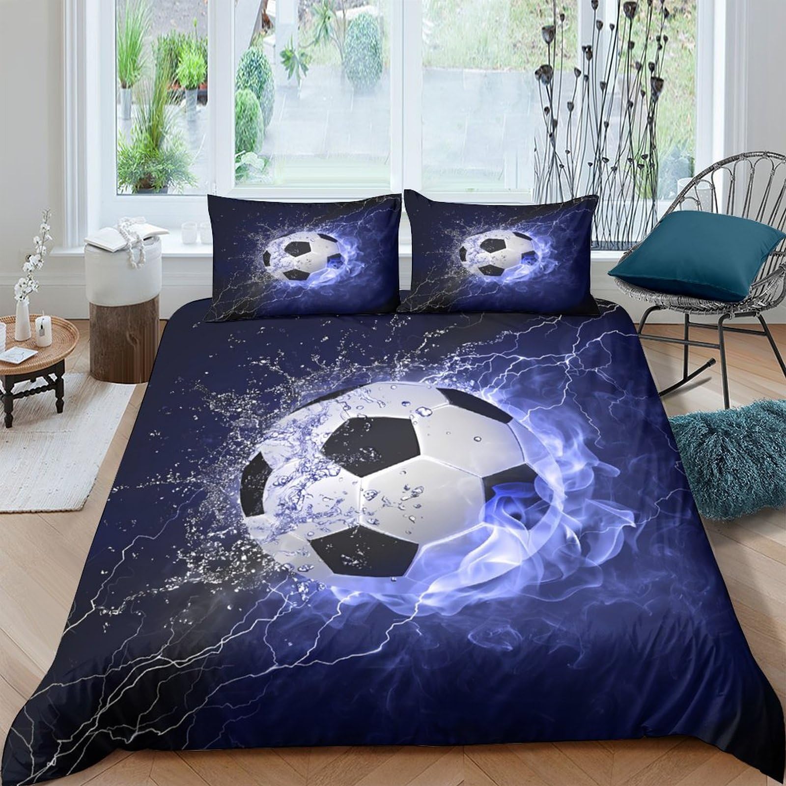 Ctjqhvkz Style-5 3D Printed Blue Soccer Football Fitted Sheet Microfiber Soft Breathable Lightning Bed Cover For Bedroom Dorm Mattress Protection Decor Single（135X200cm）
