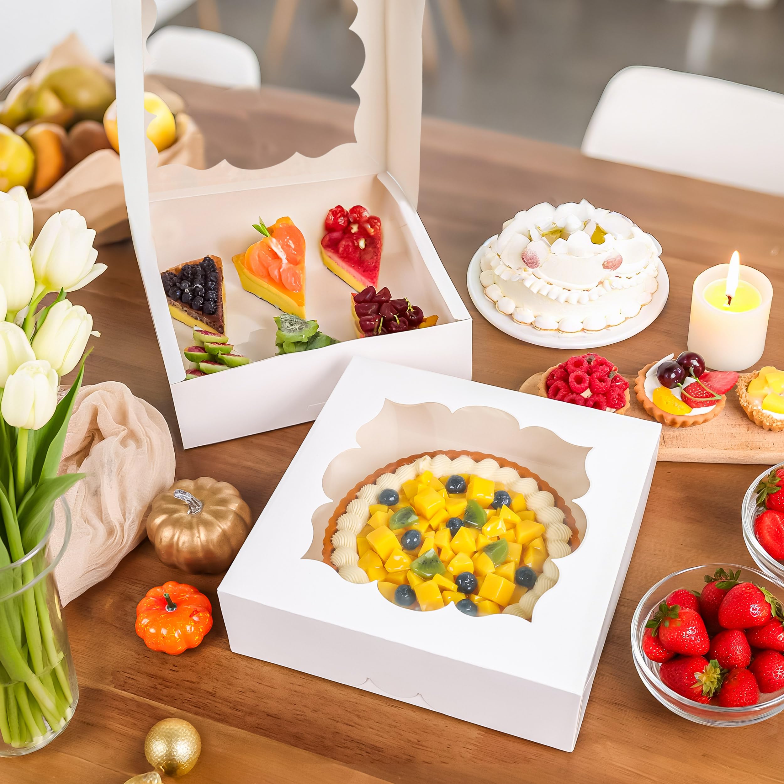 BTSD-home Lot de 20 boîtes à tarte de 25,4 x 25,4 x 7,6 cm avec fenêtre – Boîtes à tarte pour tartes, cheesecake et fraises recouvertes de chocolat (blanc)