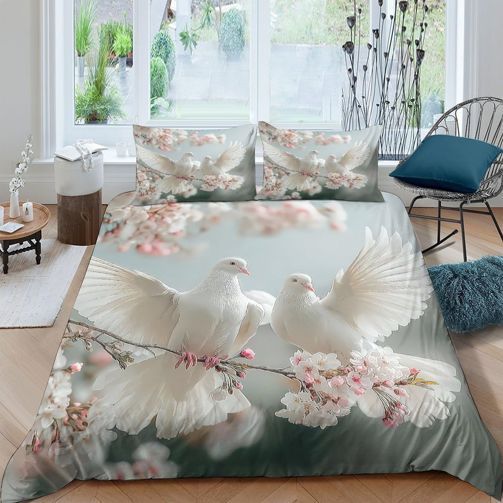 TUFRTGYHN 3D Printed White Dove Cherry Blossom Duvet Cover Microfiber Soft Breathable Floral Bedding Set with 2 Pillowcases for Bedroom Decor Single（135x200cm）
