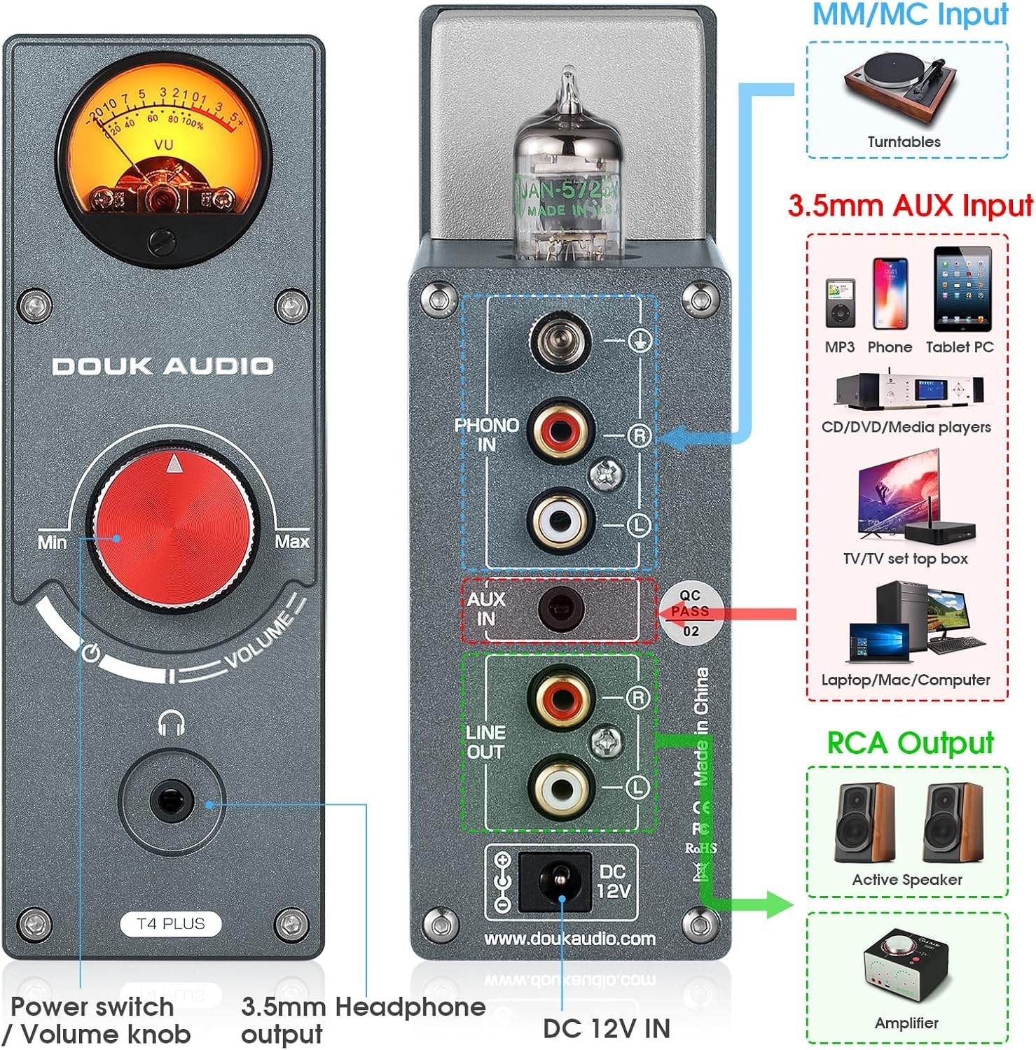Douk Audio Röhren-Phono-Vorverstärker: HiFi MM/MC Plattenspieler-Vorverstärker | Kopfhörerverstärker mit AUX-Eingang | VU-Meter für Plattenspieler, Vinyl-Systeme und Audiophile (T4 Plus)
