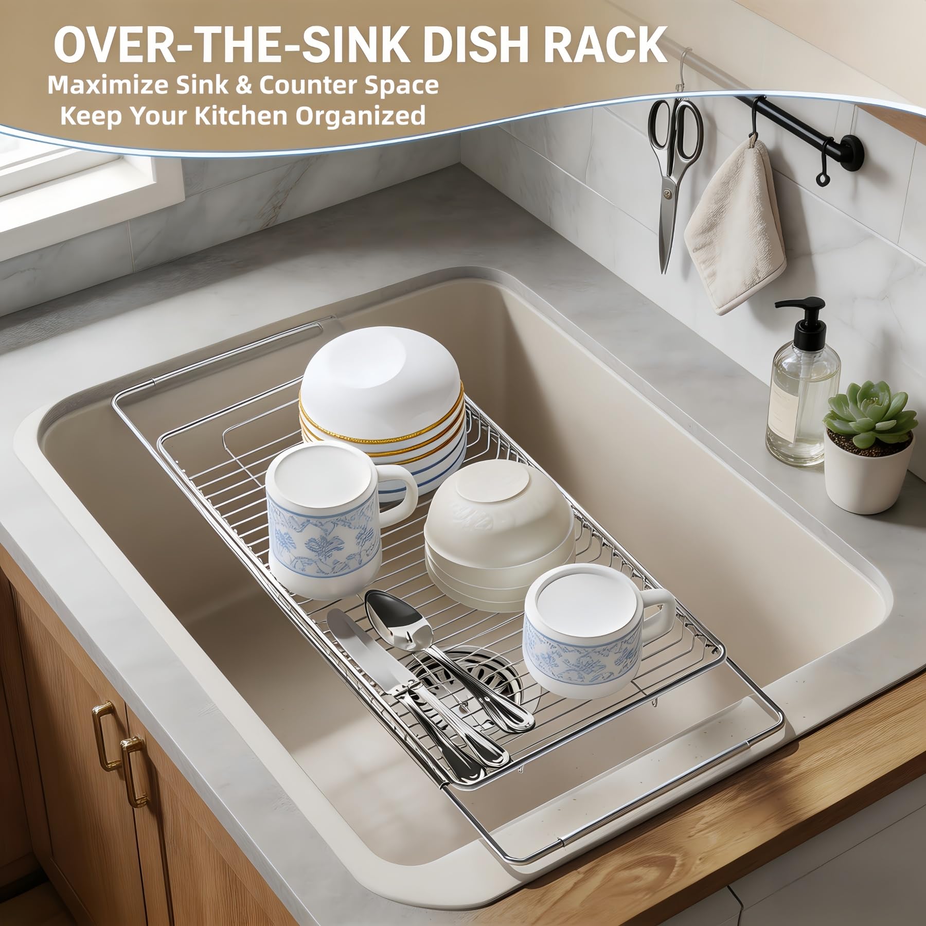 Escurreplatos extensible de acero inoxidable sobre el fregadero de la cocina, estante de enjuague de verduras y frutas, drenaje compacto, cesta de bandeja de secado de platos, organizador de