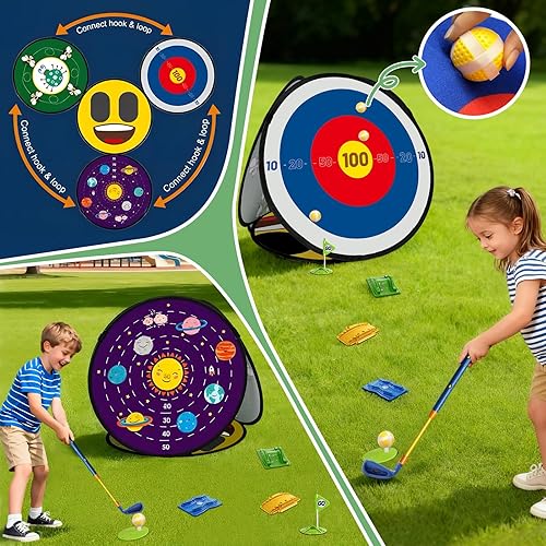 Miniatura 5 de Juego de golf para niños con club, 28 piezas, 4 en 1, red de astillado de golf de 4 lados, múltiples modos de juego, juguetes deportivos para