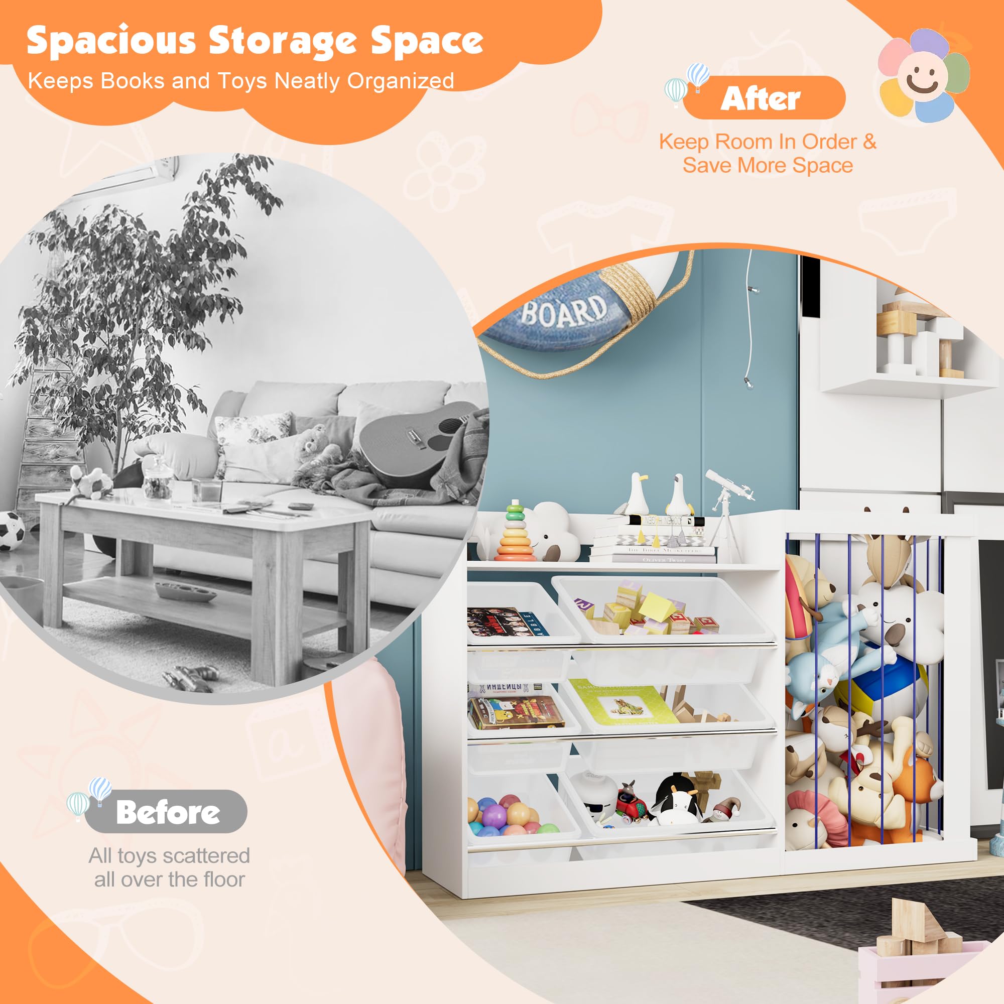 NACHES Kinder Bücherregal Spielzeugregal Kuscheltier Aufbewahrung Kinderregal Spielzeug-Organizer für Kinderzimmer Spielzimmer (Weiß, 122x34x80cm)