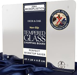 Deer & Oak XL Glass Cutting Board 40 x 30 cm, Tempered Worktop Saver | Thick clear heat resistant surface · non-slip feet · Works as a stove protector and place mat