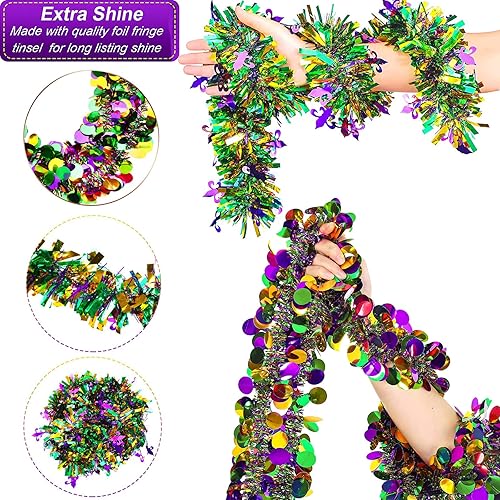 Miniatura 2 de Guirnalda de oropel Mardi Gras de 39.4 pies, 2 estilos dorados, morados, verdes, metálicos, oropel Garlan Mardi Gras, borla brillante para