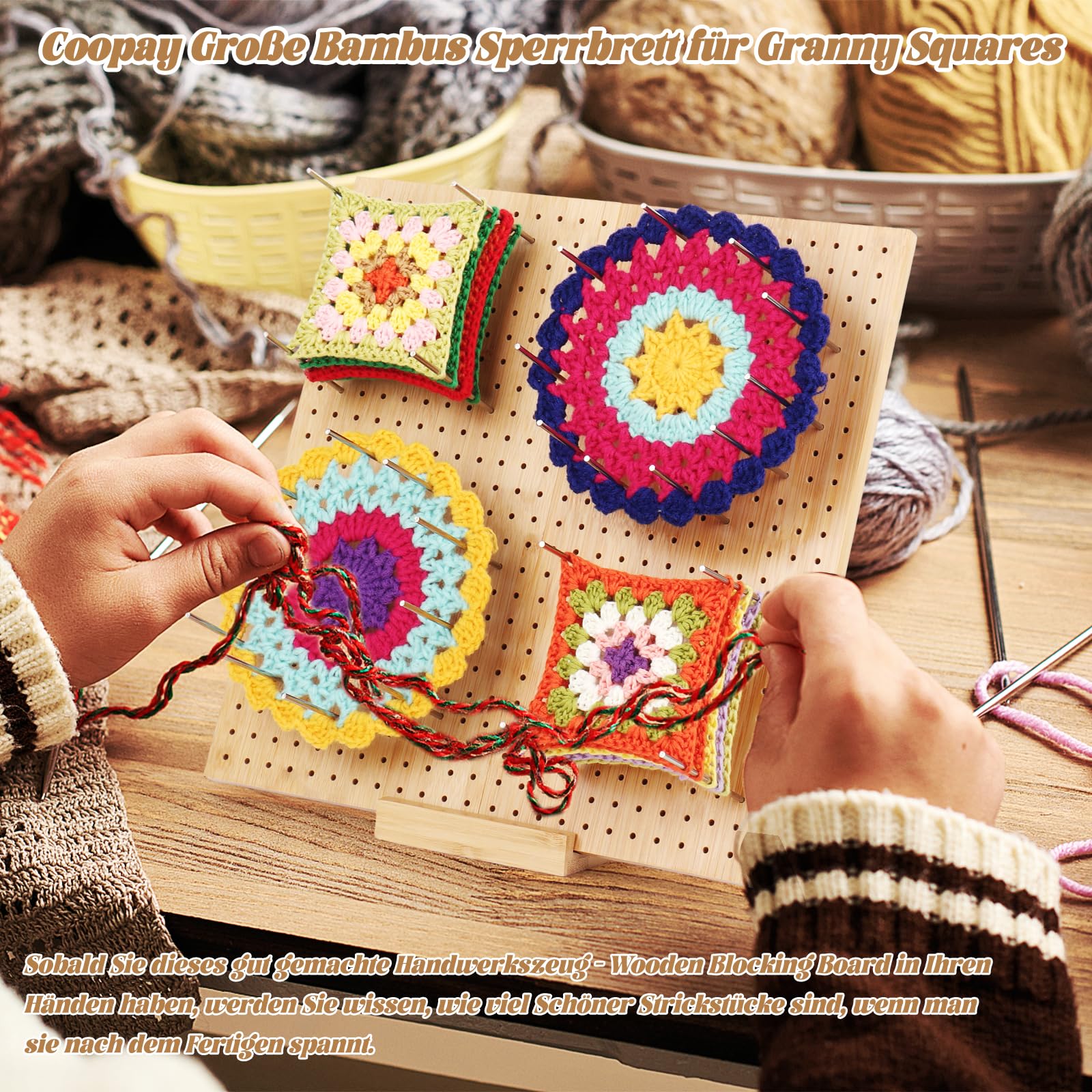 Coopay Grande Planche de Blocage Crochet, 33x33cm Pliable Bloqueur Granny Square Crochet, Planche Blocage Crochet Carré Granny en Bois, Accessoires de Crochet Tricot, avec 30 Tiges de Métal