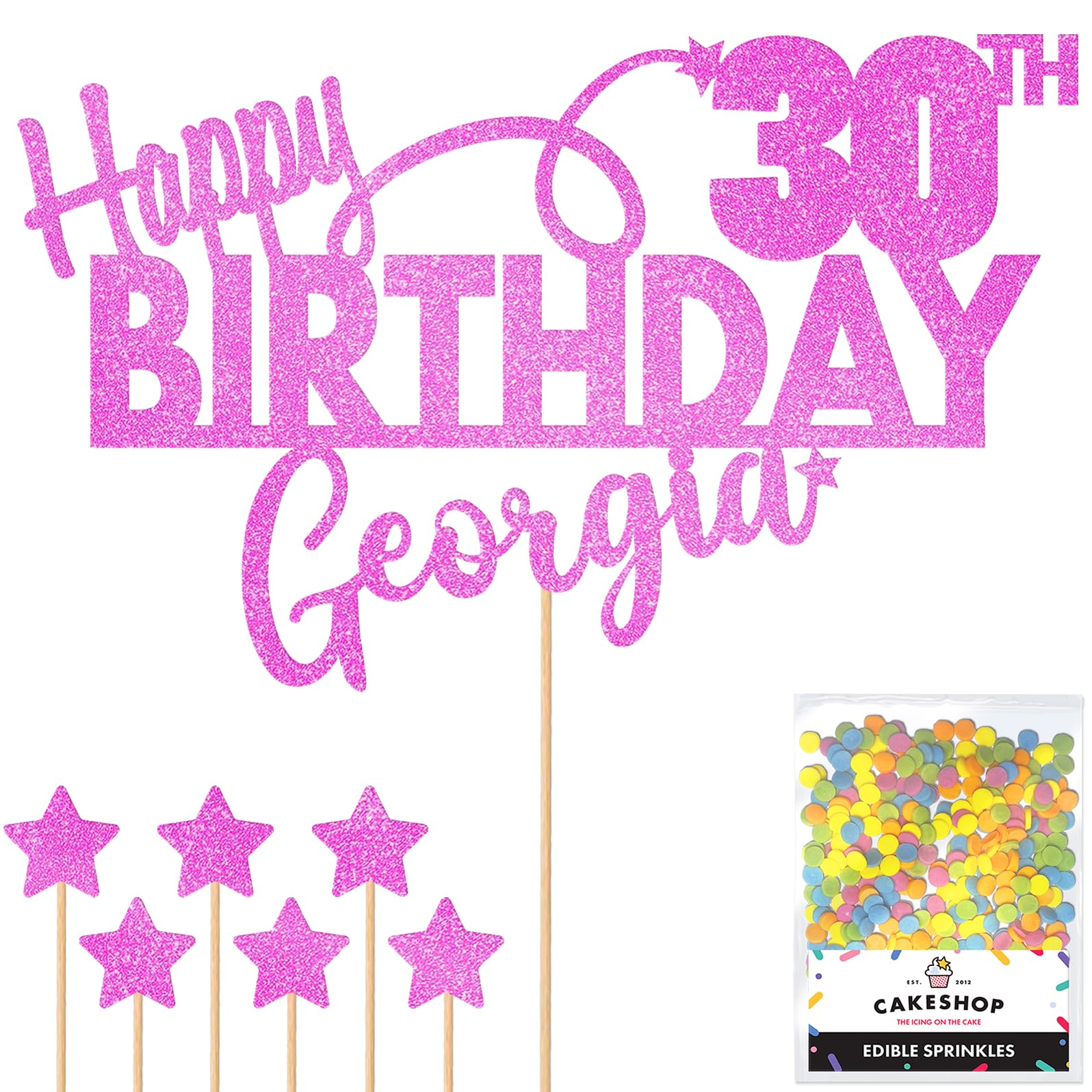 Personalised Happy Birthday Glitter Cake Topper - Light Pink Any Name & Any Age Glitter Cake Decoration and Sprinkles - Happy Birthday Decorations - Personalised Toppers for Cakes by Cakeshop — image 1