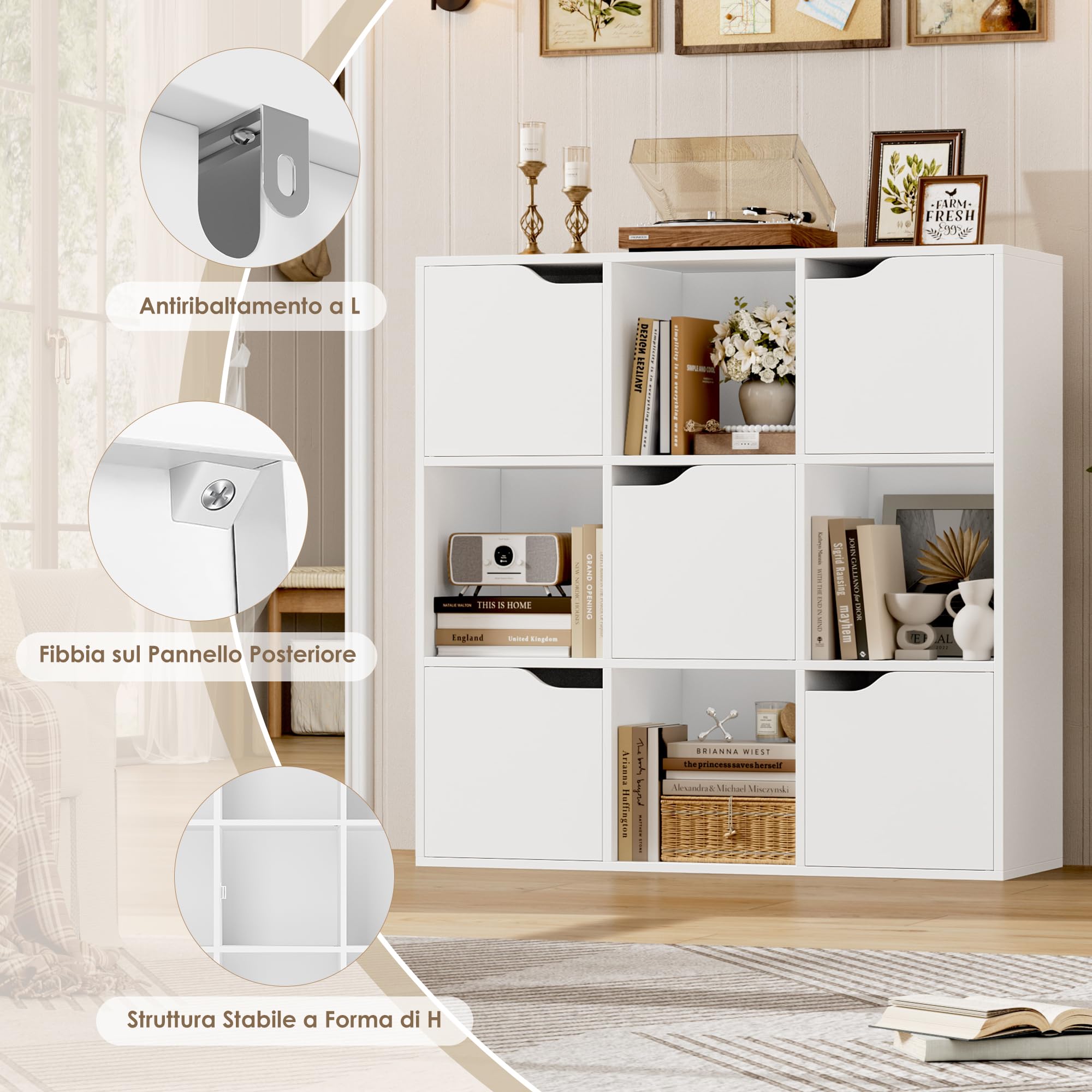 FirFurd Libreria a 9 Cubi Con 5 Porte, Armadietto 3 Ripiani, Scaffale Con 9 Scomparti a Cubi Portaoggetti, Stile Moderno, per Soggiorno, Camera da Letto, Ufficio 90x29x90cm Bianco