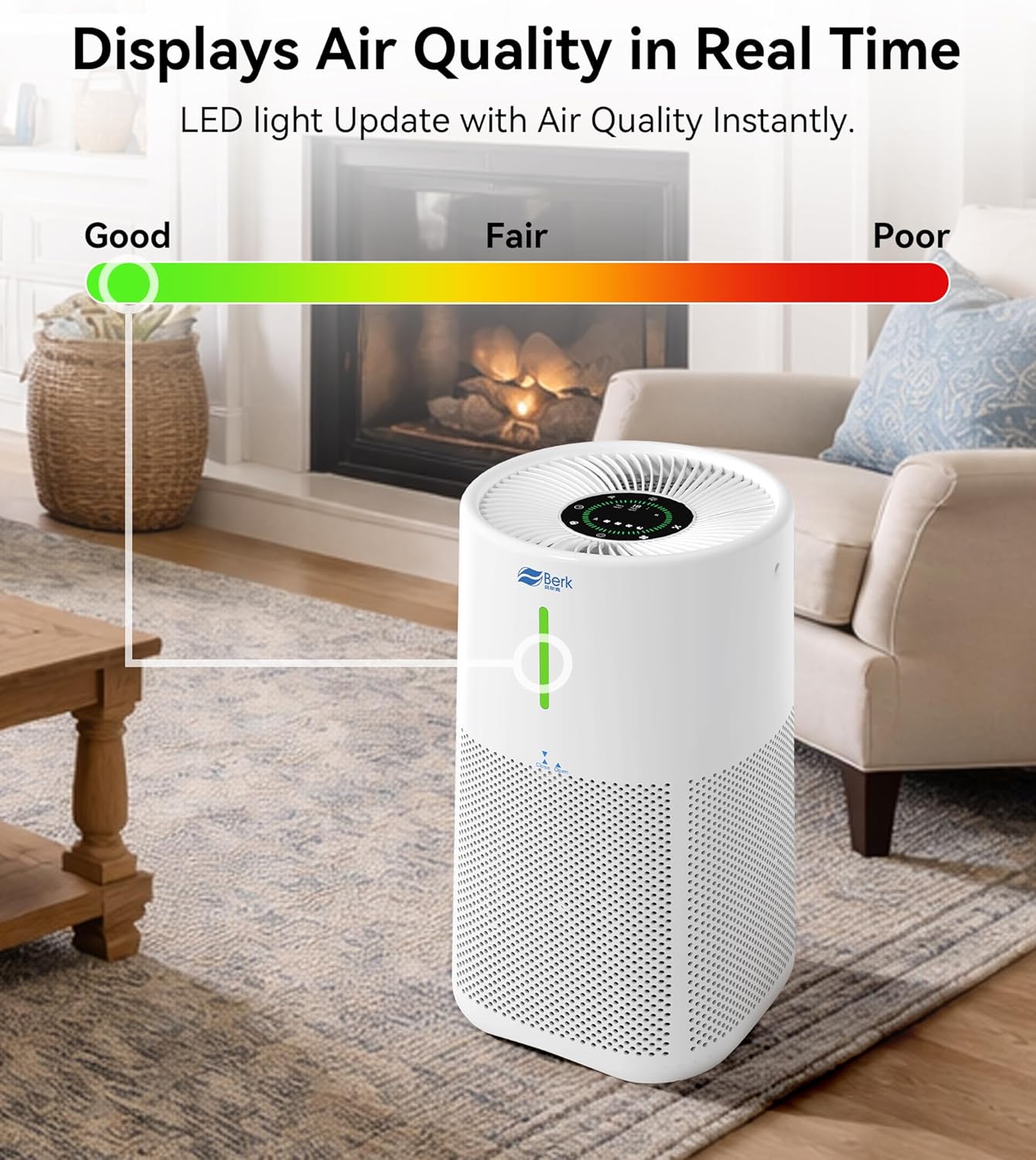 Berk Air Purifiers for Home Living Room,Cover Up to 1625 Ft²,HEPA Air Purifier,PM2.5 Air Quality Display,Air Purifier for Pets Hair, Smoke, Odors,Pollen (D3S-Standard)