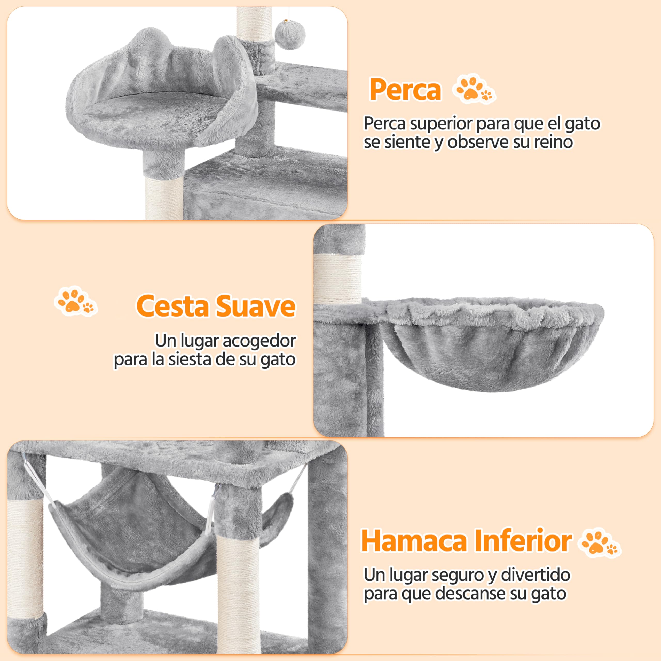 Yaheetech Rascador para Gatos Mascotas con Hamaca Plataforma Cueva Bolas de Juego Canasta 55.5x45.5x170 cm Gris Claro