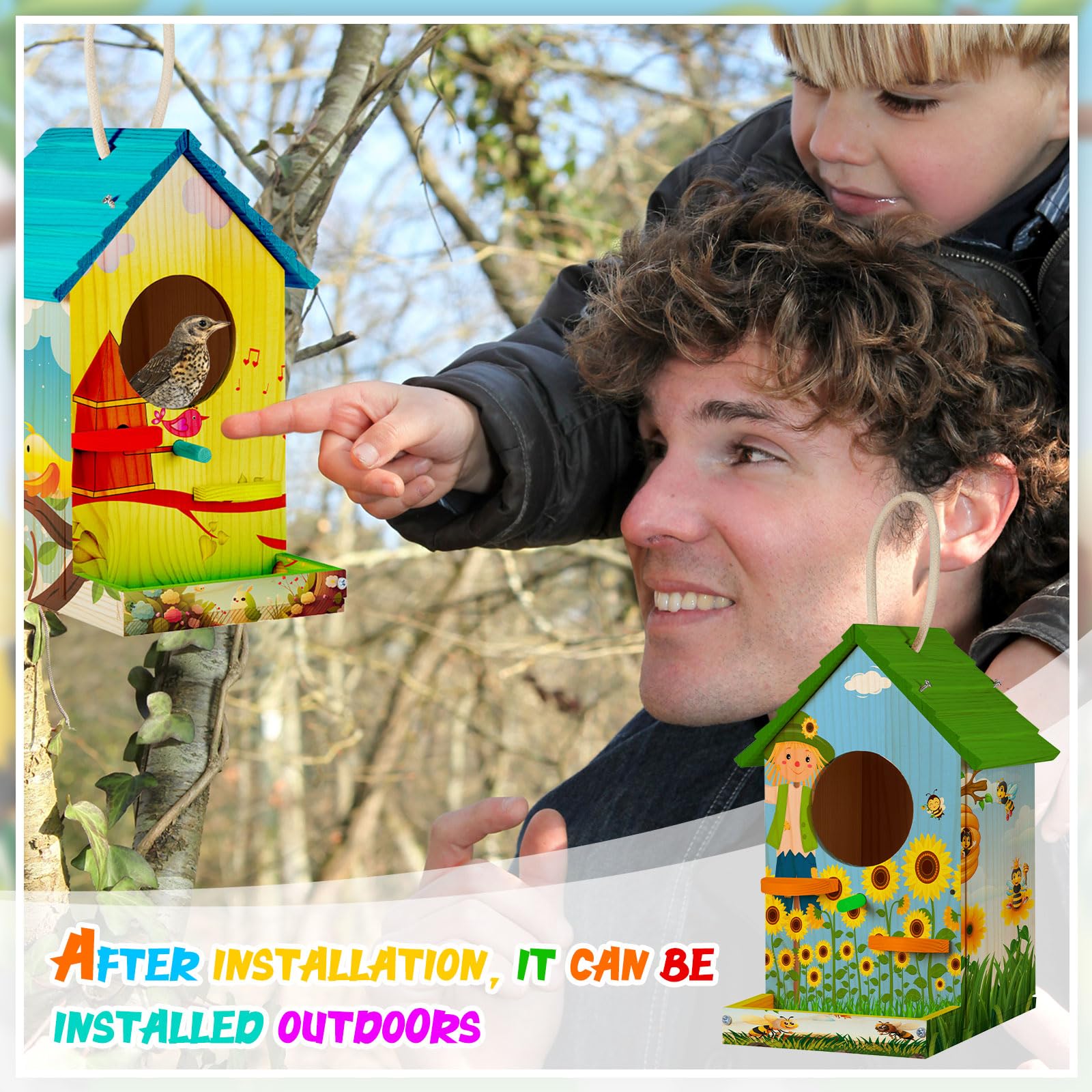 Liliful Juego de 2 casas de pájaros de madera con pintura y pinceles, kits de pintura para niños, niñas, adultos, construcción, aula, cumpleaños, interiores y exteriores