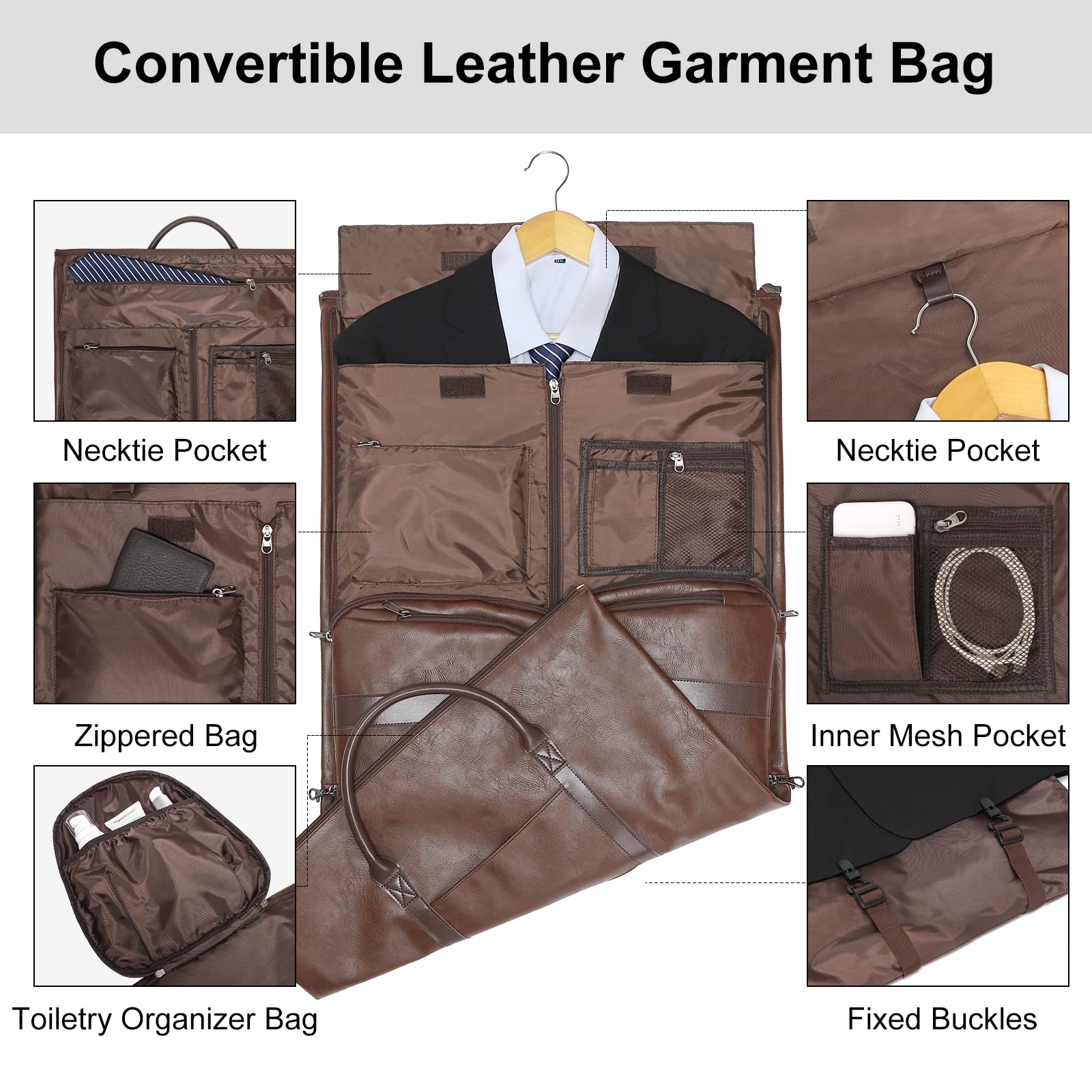 Modoker Sac à vêtements en Cuir Convertible, Sacs à vêtements de Voyage, Sac de Sport, Cadeaux pour Hommes Femmes Affaires Valise étanche Costume Sacs de Voyage, Marron