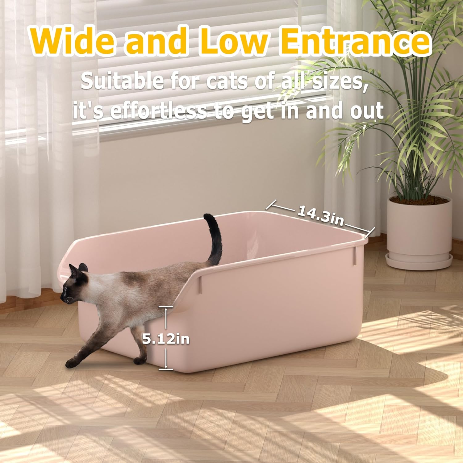 Large Cat Litter Box with High Side Cat Litter Pan Boxes for Indoor Cats Kitty Litter Box with Low Entry Open Top Entrance,Anti-Splashing (Pink)