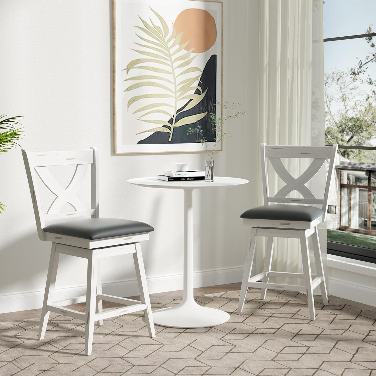 Betterhood 24" Swivel Counter Height Stools, High Back Swivel Bar Stools with Faux Leather Upholstered Seat & Solid Wood Footrest, Counter Bar Chairs for Kitchen Island & Pub (Antique White, Set of 2)