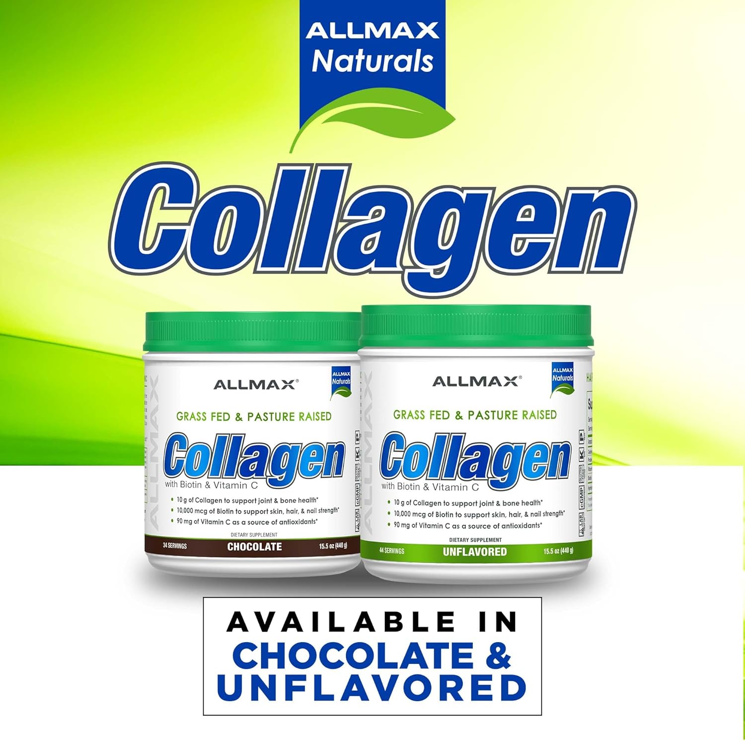 ALLMAX Collagen Powder Unflavored, Hydrolyzed Collagen Peptides, Grass Fed Bovine Collagen, Vitamin C & Biotin, Hair Skin Nails & Joint Support, 440g, 44 Servings