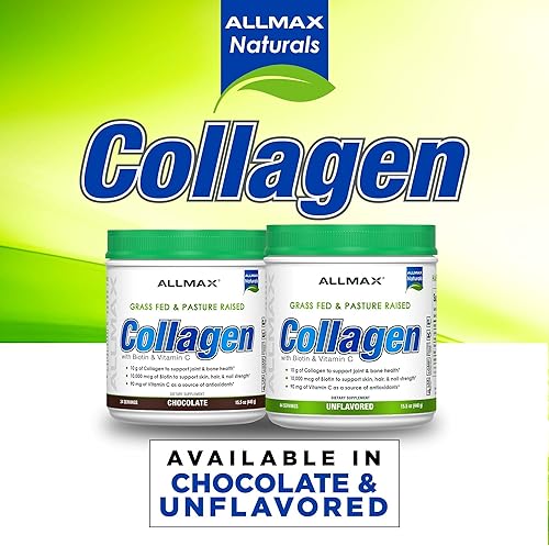 Miniatura 6 de ALLMAX Nutrition Colágeno alimentado con pasto y criado en pastos con 10,000 mcg de biotina + 90 mg de vitamina C, sin sabor, 15.5 oz (440 g)