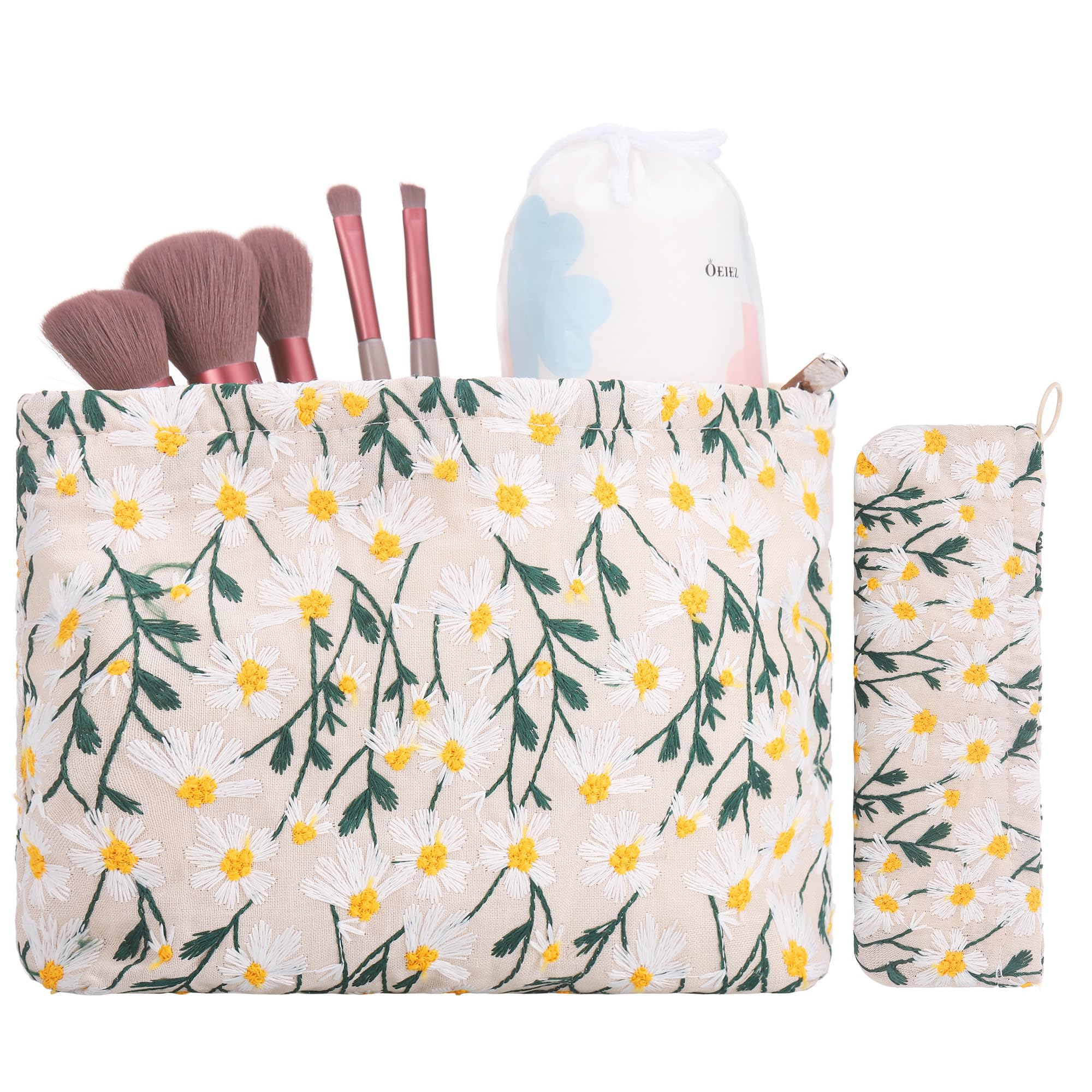 Zocipro 2Pcs Cosmetic Bag Set, Daisy Patterns Floral Makeup Bag with Zip