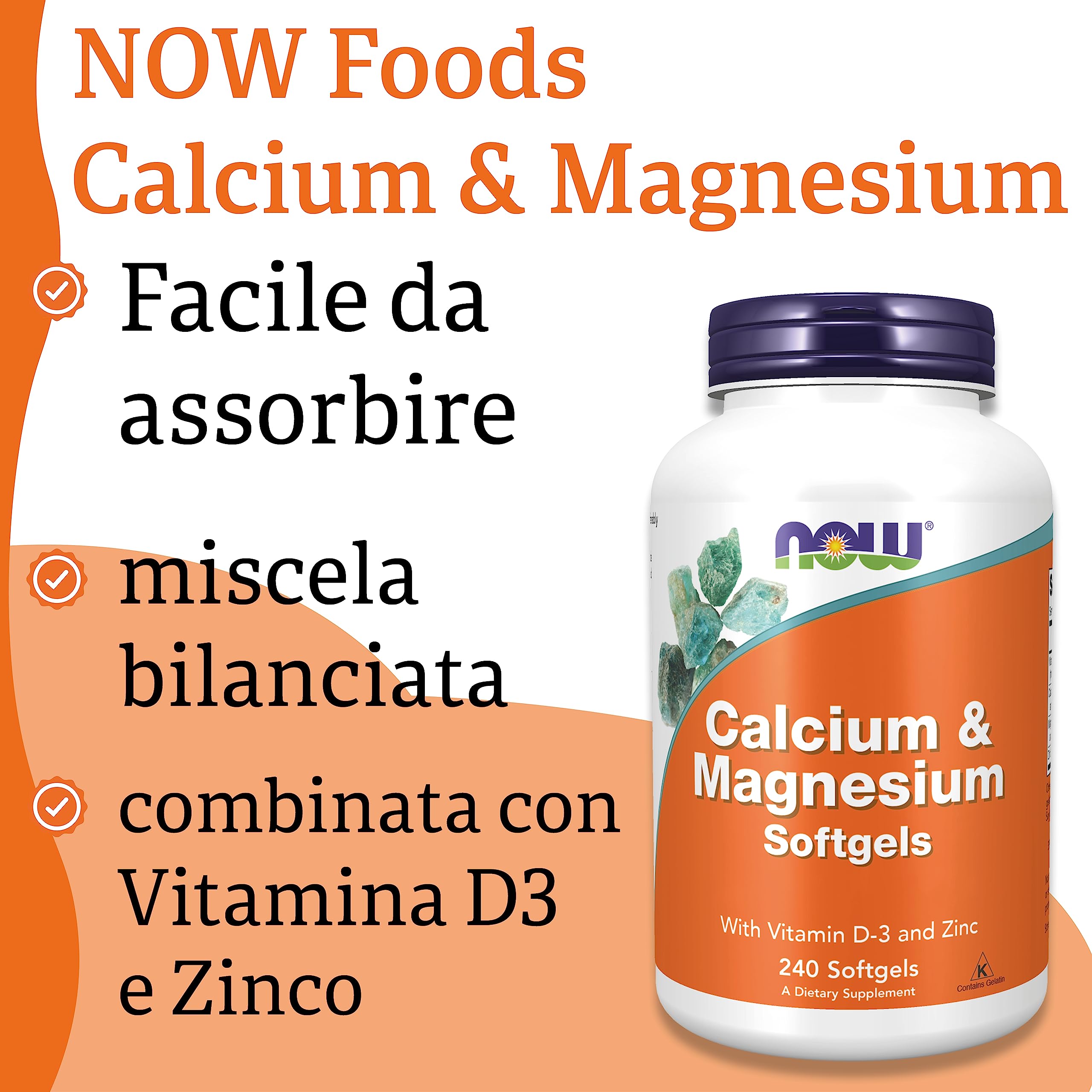 Now Foods, Calcium & Magnesium Softgels, 240 Capsule molli, Testato da Laboratorio, Vitamina D3, Zinco, Senza Glutine