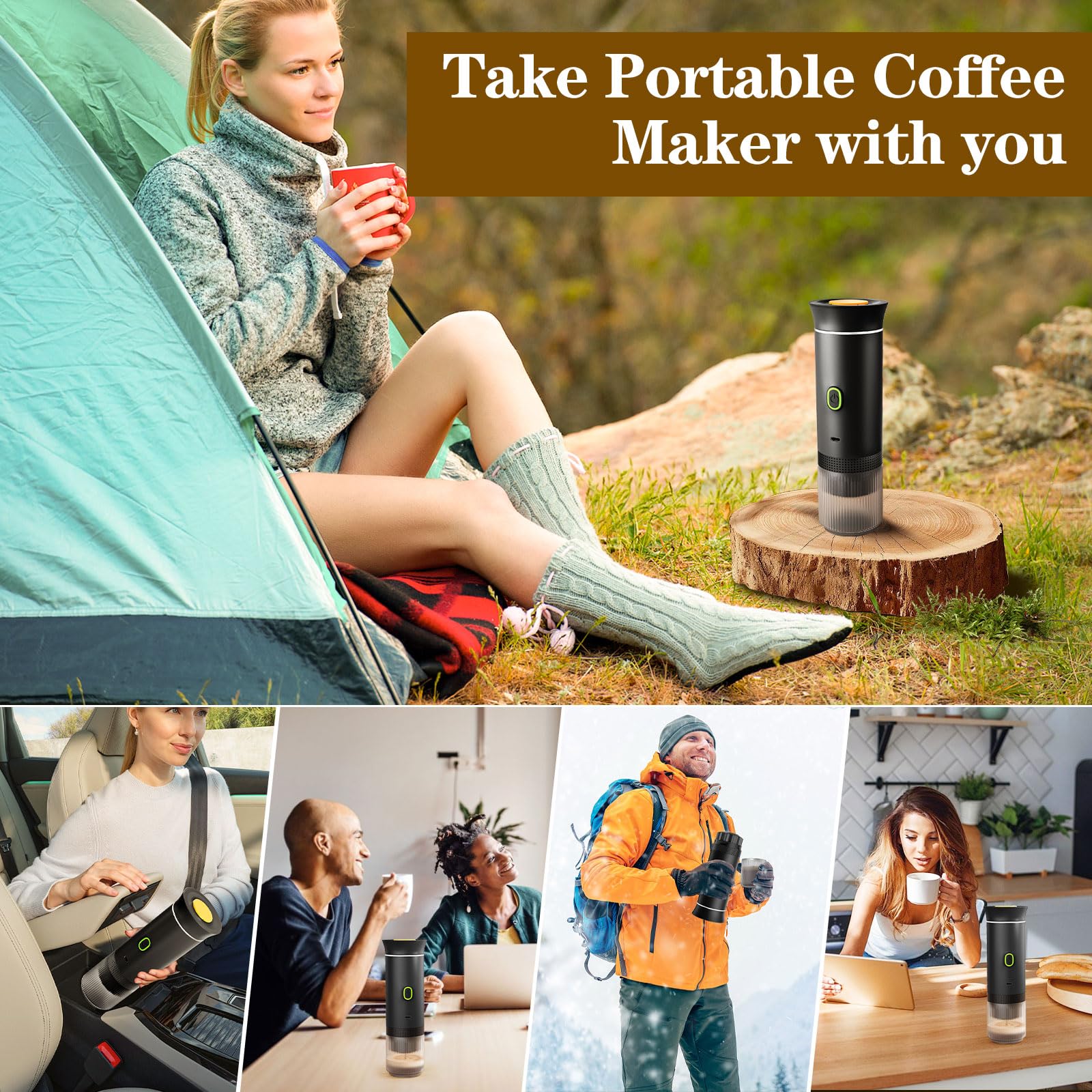 Cafetera Espresso Eléctrica Portátil 3 en 1, Cafetera de Viaje, Cafetera de Coche Autocalentable con USB-C, 20BAR Presión, para Cápsulas Pequeñas o Grandes y Café Molido