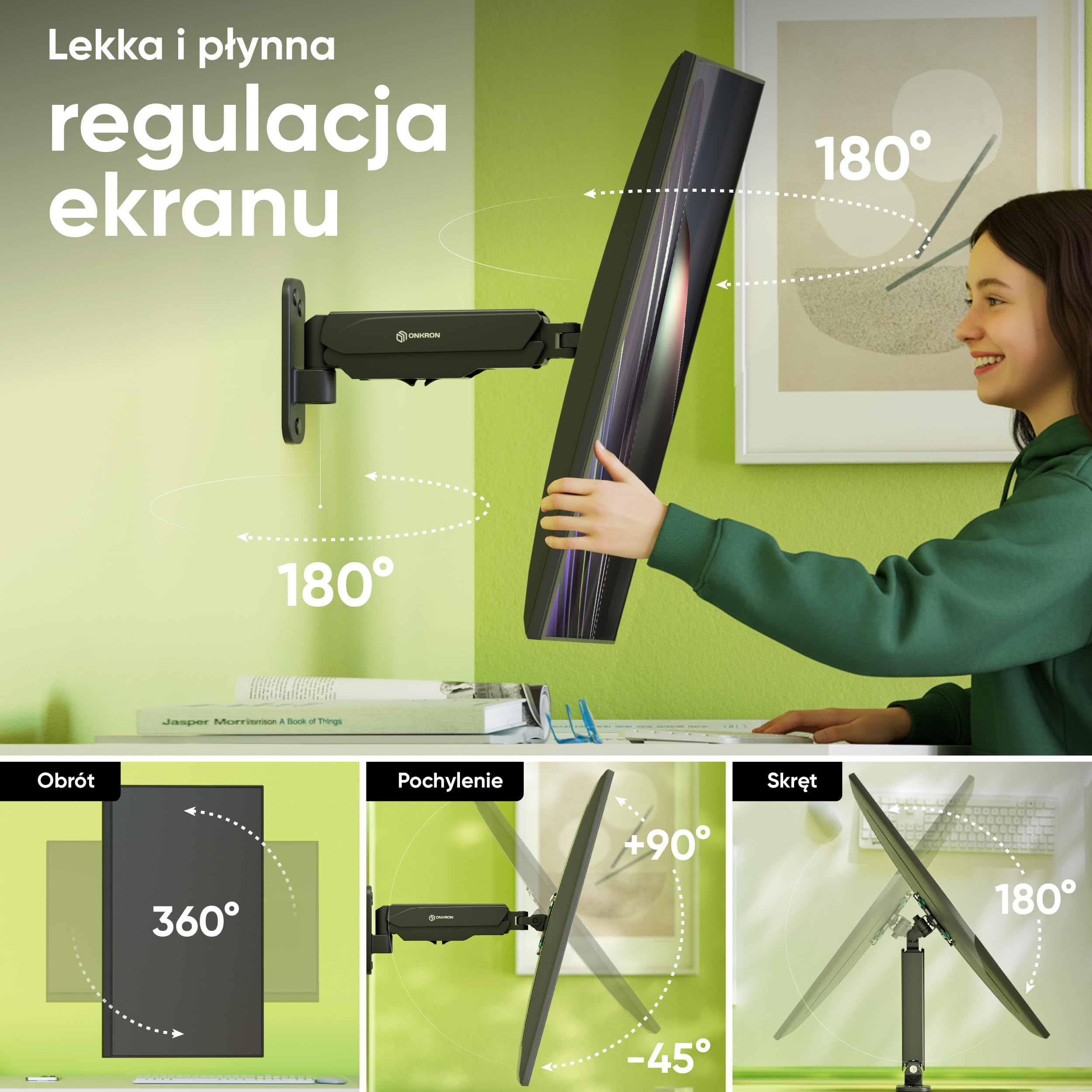 ONKRON Uchwyt Ścienny do Monitora 13"-34", Maks. Nośność 8 kg, Ramię Gazowe z Regulacją Wysokości, VESA 75x75-100x100, Obrót 360°, Pełna Regulacja Monitora, Kanał na Kable, Czarny G120-B