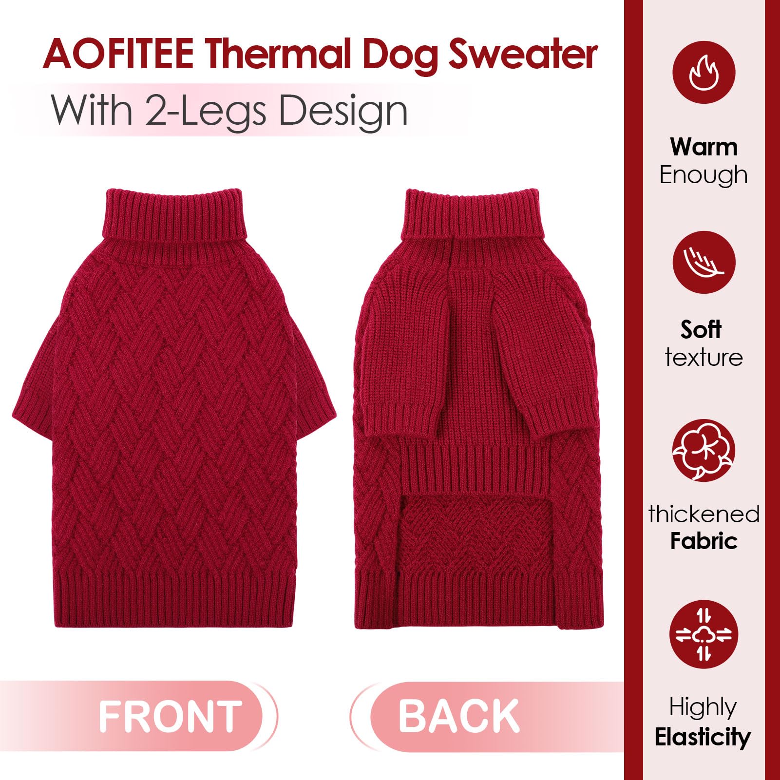 AOFITEE Maglione Cane XL, Invernale Maglione per Cani Maglioncino Natalizio per Cani Taglia Grande con Collo Alto, Morbida e Calda Maglioncini Pet con Maniche, Maglioni Cane Labrador Rosso, XL