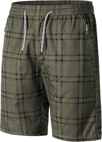 Mens Casual Plaid Beach Shorts, Soft Cotton Shorts with Drawstring Elastic Waist and Zipper Pockets