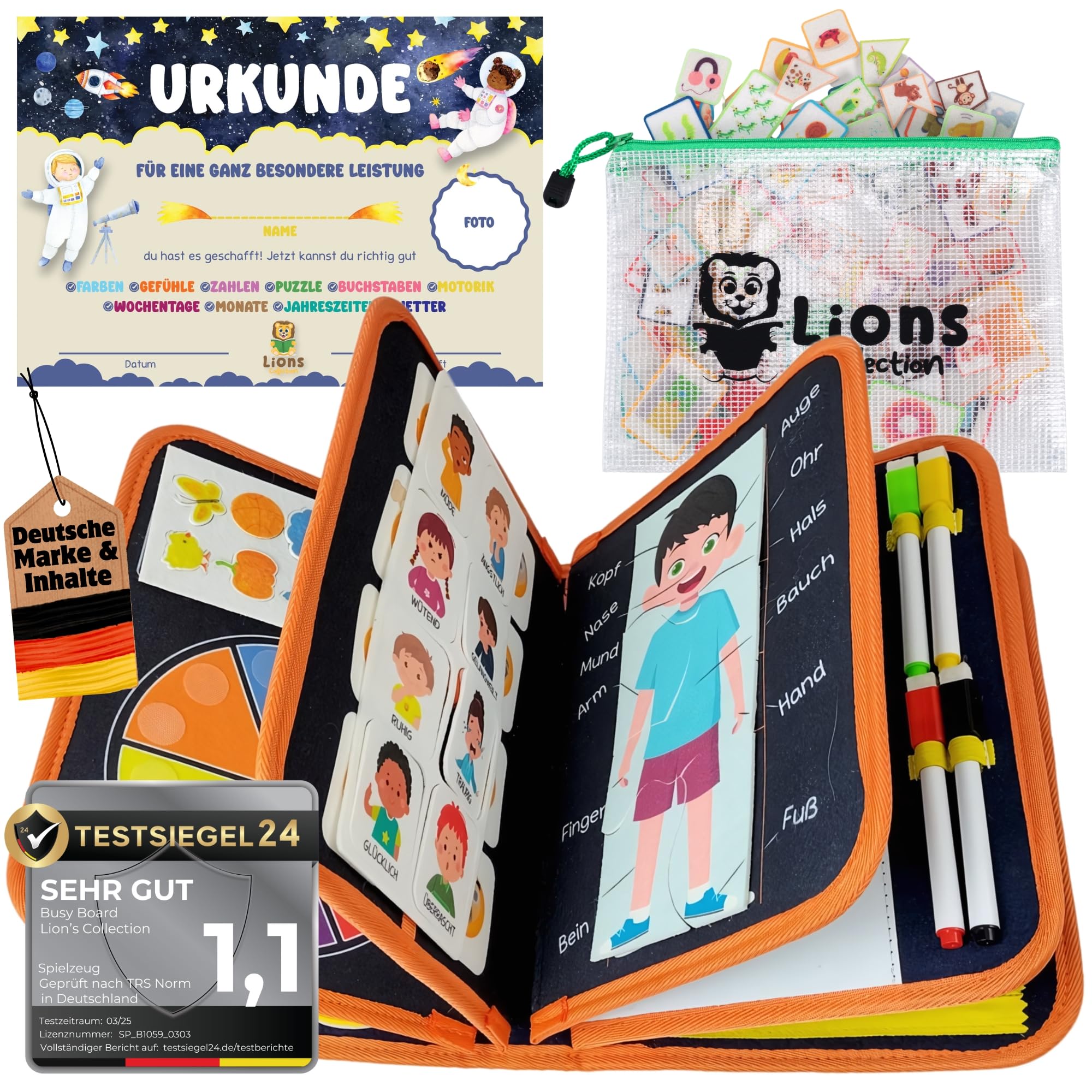 Lion’s Collection Montessori Busy Board Deutsch ab 3 Jahre – Busy Book & Activity Board für Kinder – Motorikbuch & Lernbuch – Reisespielzeug für Auto, Zug & Flugzeug