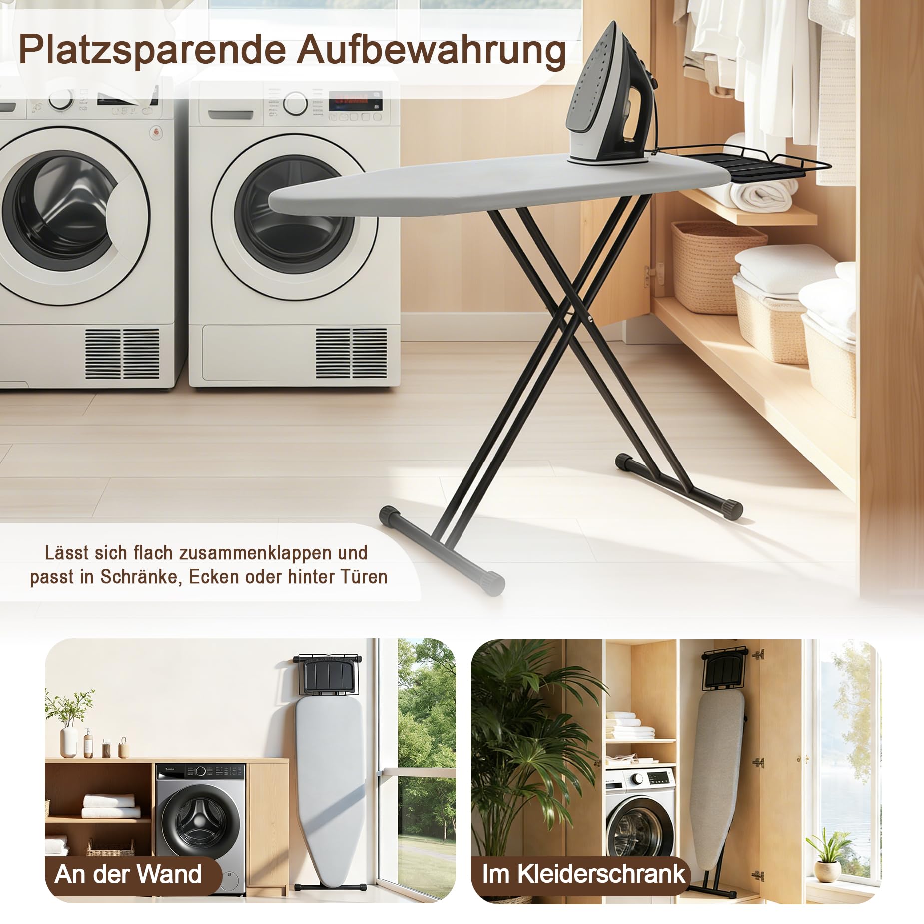 Bügelbrett 159 x 46 cm Volle Größe mit Bügeleisenablage, für Dampfbügeleisen geeignet, Stabile Gestell, Bequeme Lagerung, Ironing Board Grau