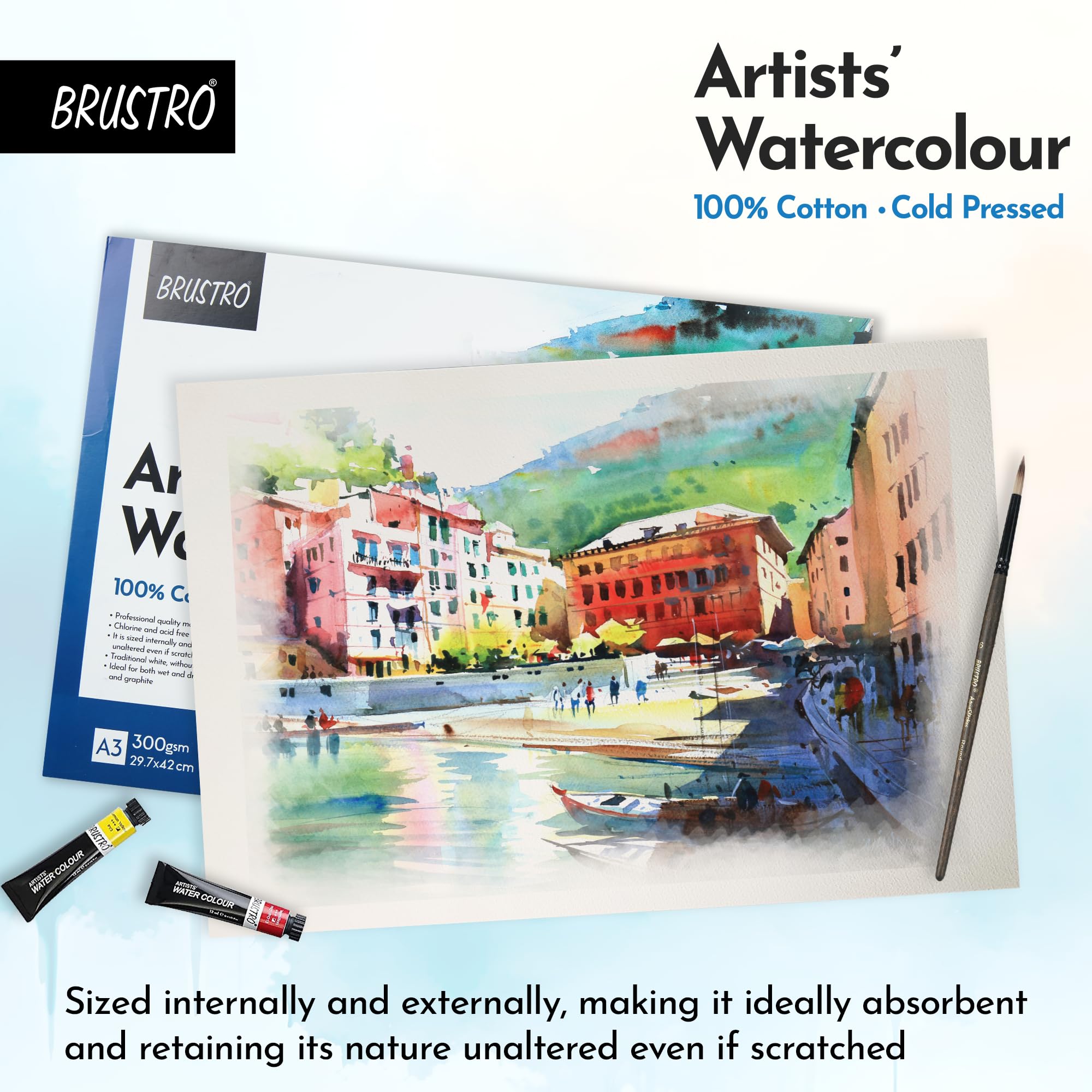 Brustro Künstler-Aquarellpapierblock, 100 % Baumwolle, kaltgepresst, 300 g/m², A3, 12 Blatt, ideal für professionelles Zeichnen, Malen, trocken und nass, Kunststudenten