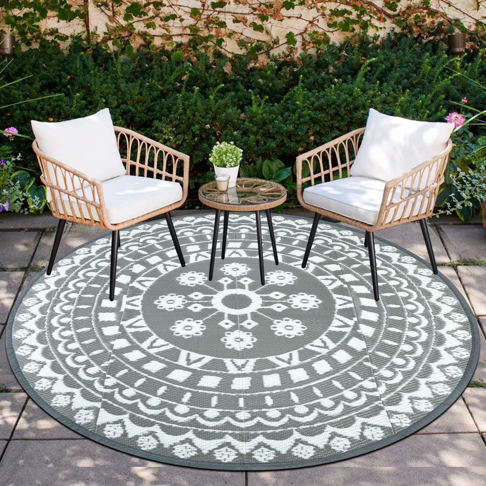 Capslpad Round Outdoor Patio Rugs ø180cm Waterproof Mat Reversible Plastic Straw Rug Boho Round Indoor Outdoor Area Rug for Garden RV Camping Balcony Backyard Balcony Deck Tent Picnic,w/Carry Bag — image 1