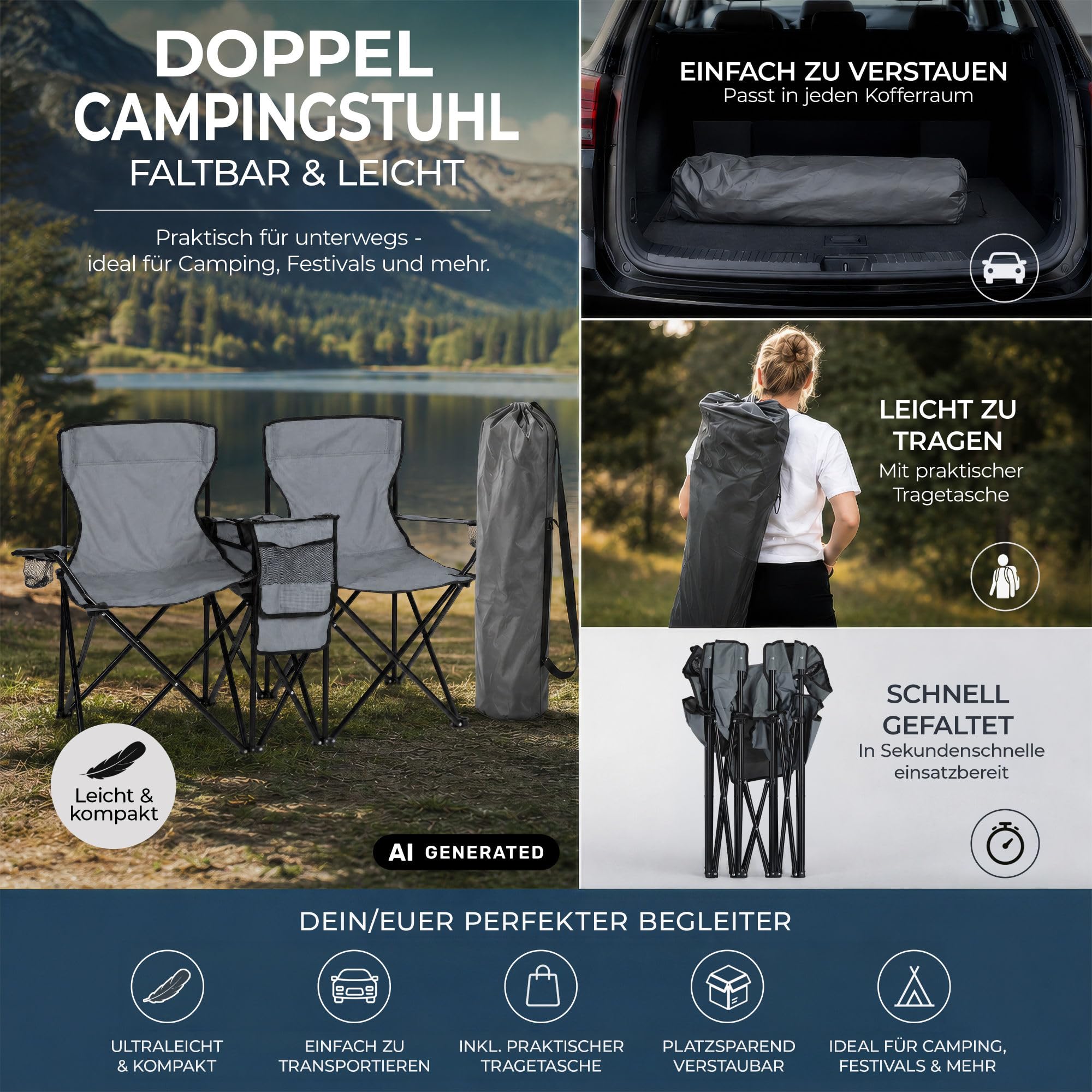Stagecaptain Silla de Camping Doble CS-1485, Bolsillo Exterior Espacioso | Silla de camping doble de tela Oxford 600D, Perfecta para camping, festivales, picnics y excursiones, Dimensiones, 5 cm, 0 kg